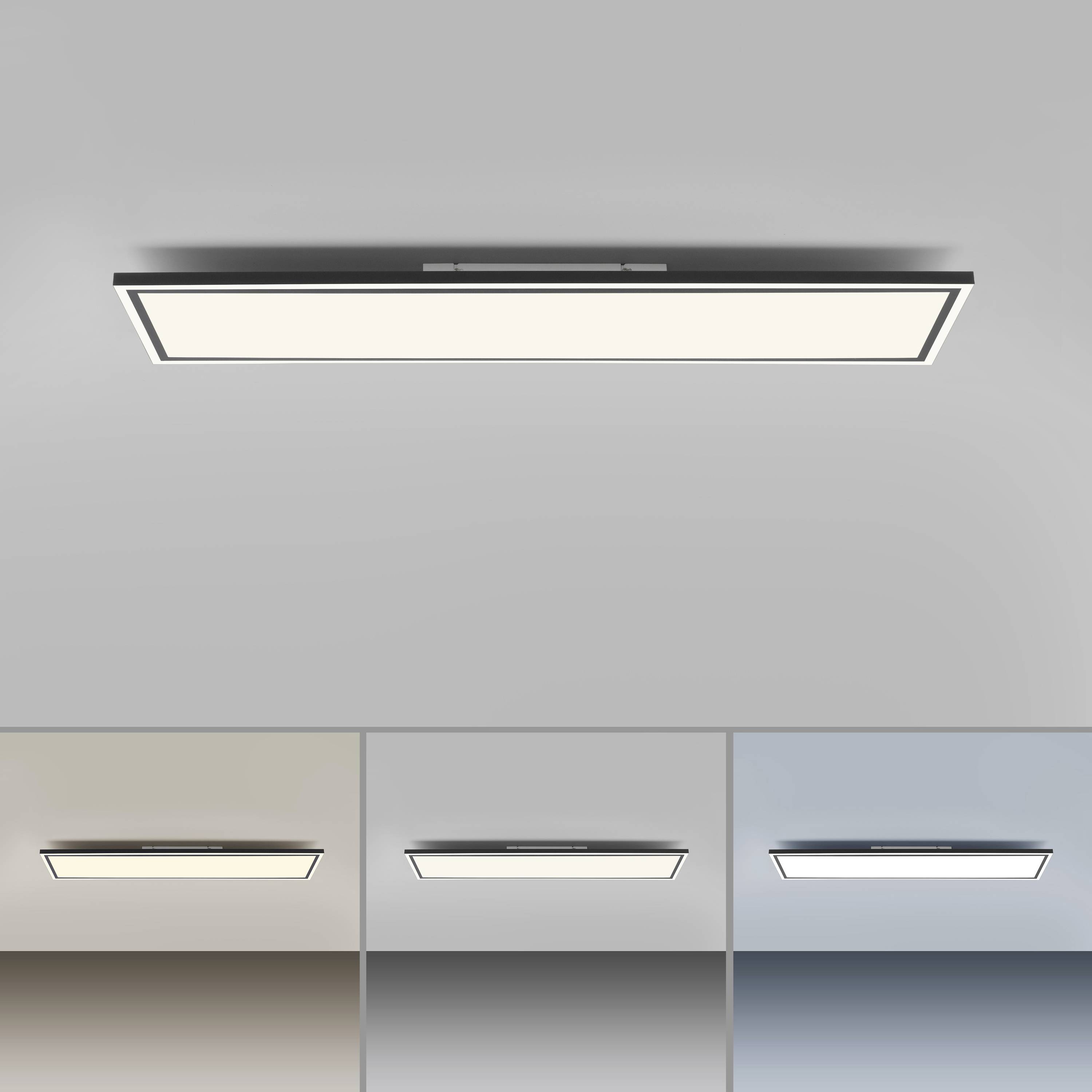 Moderne rechteckige LED-Deckenleuchte in drei verschiedenen Farbtemperaturen dargestellt: warmweiß, neutralweiß, kaltweiß.