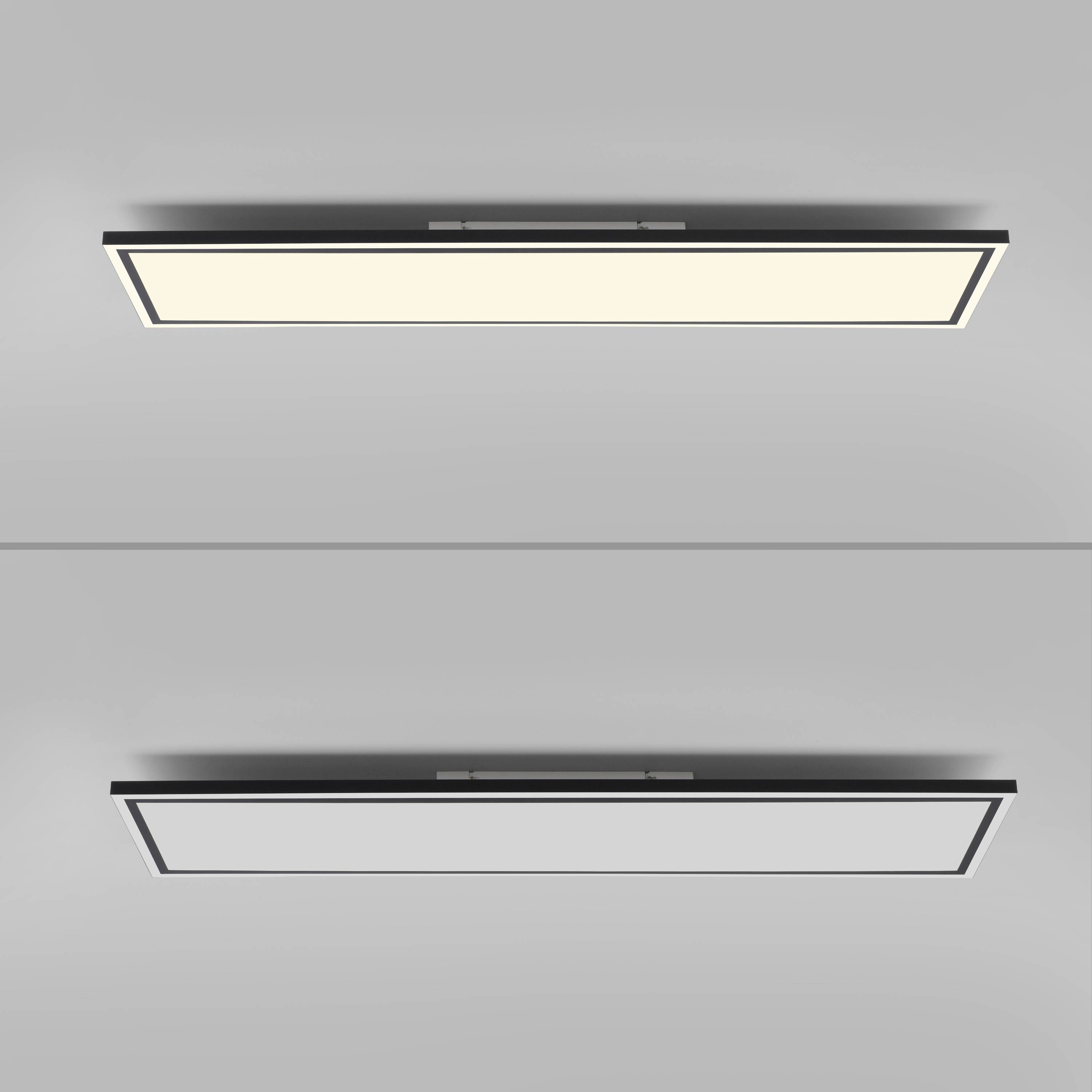 Zwei rechteckige Deckenleuchten, oben mit warmem Licht, unten mit neutralem Licht, auf grauem Hintergrund.