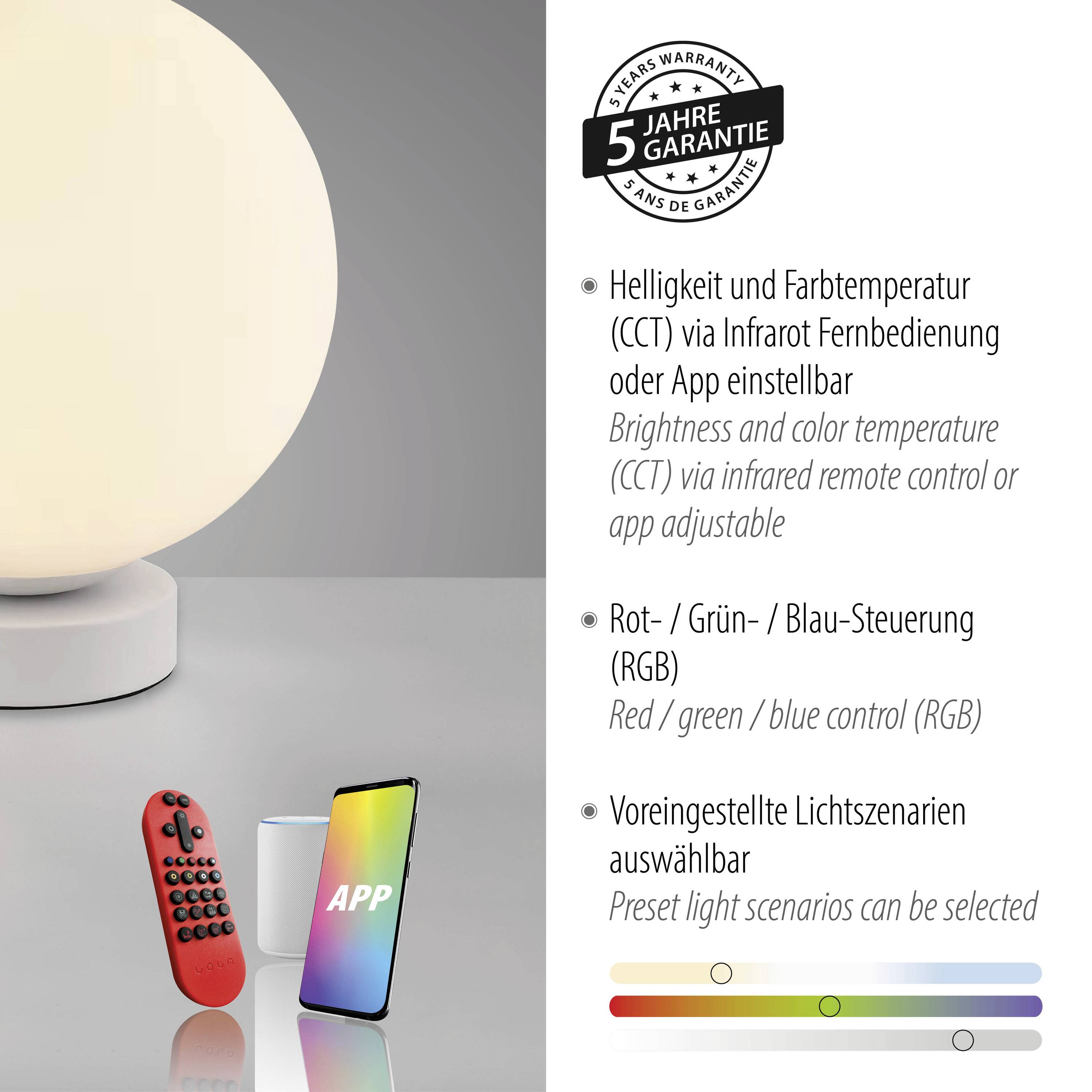 Stehlampe mit runder Glühbirne, Infrarot-Fernbedienung und App-Steuerung. Unterstützt einstellbare Farbtemperatur und RGB-Farbwechsel.