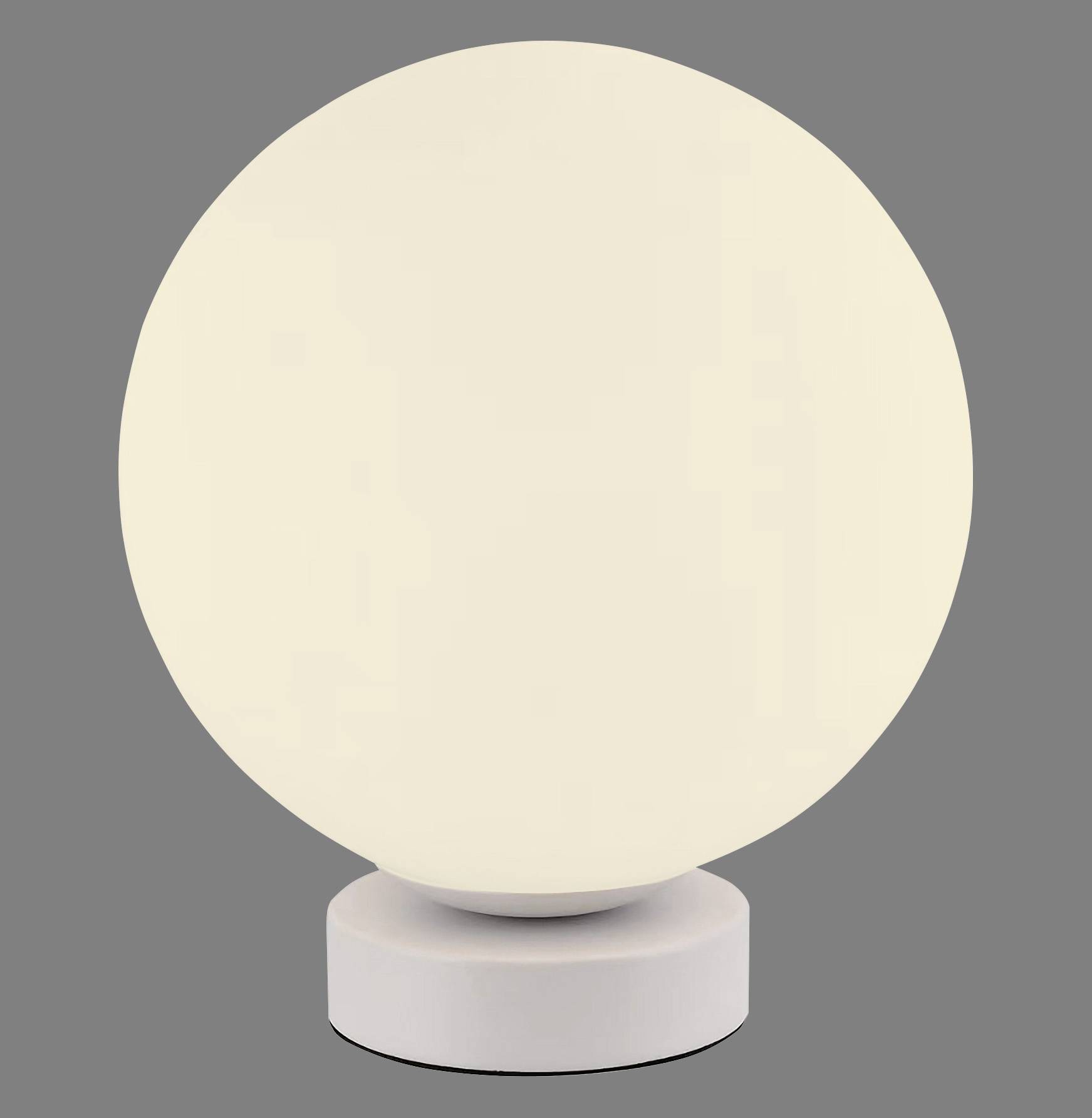 Eine runde, weiße Tischlampe leuchtet sanft auf grauem Hintergrund. Ideal für stimmungsvolle Beleuchtung im Innenbereich.