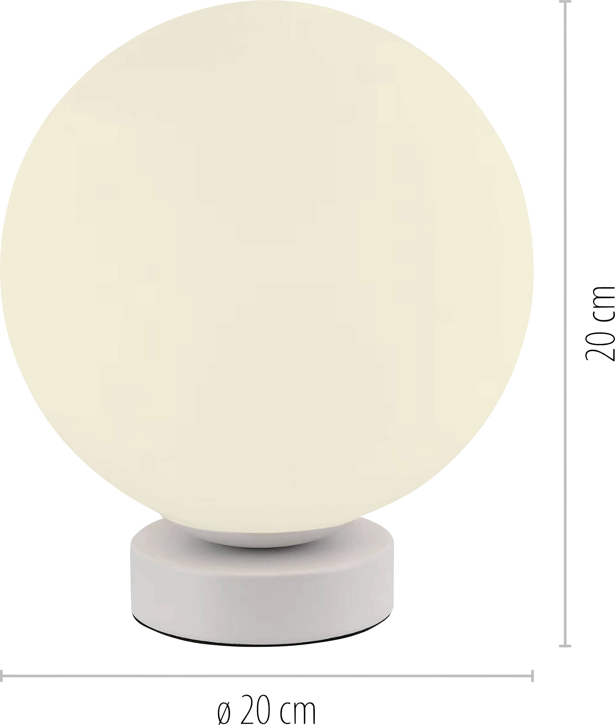 Runde Tischlampe mit weißem, kugelförmigem Lampenschirm. Durchmesser 20 cm, Gesamthöhe 20 cm. Schlichtes, modernes Design.