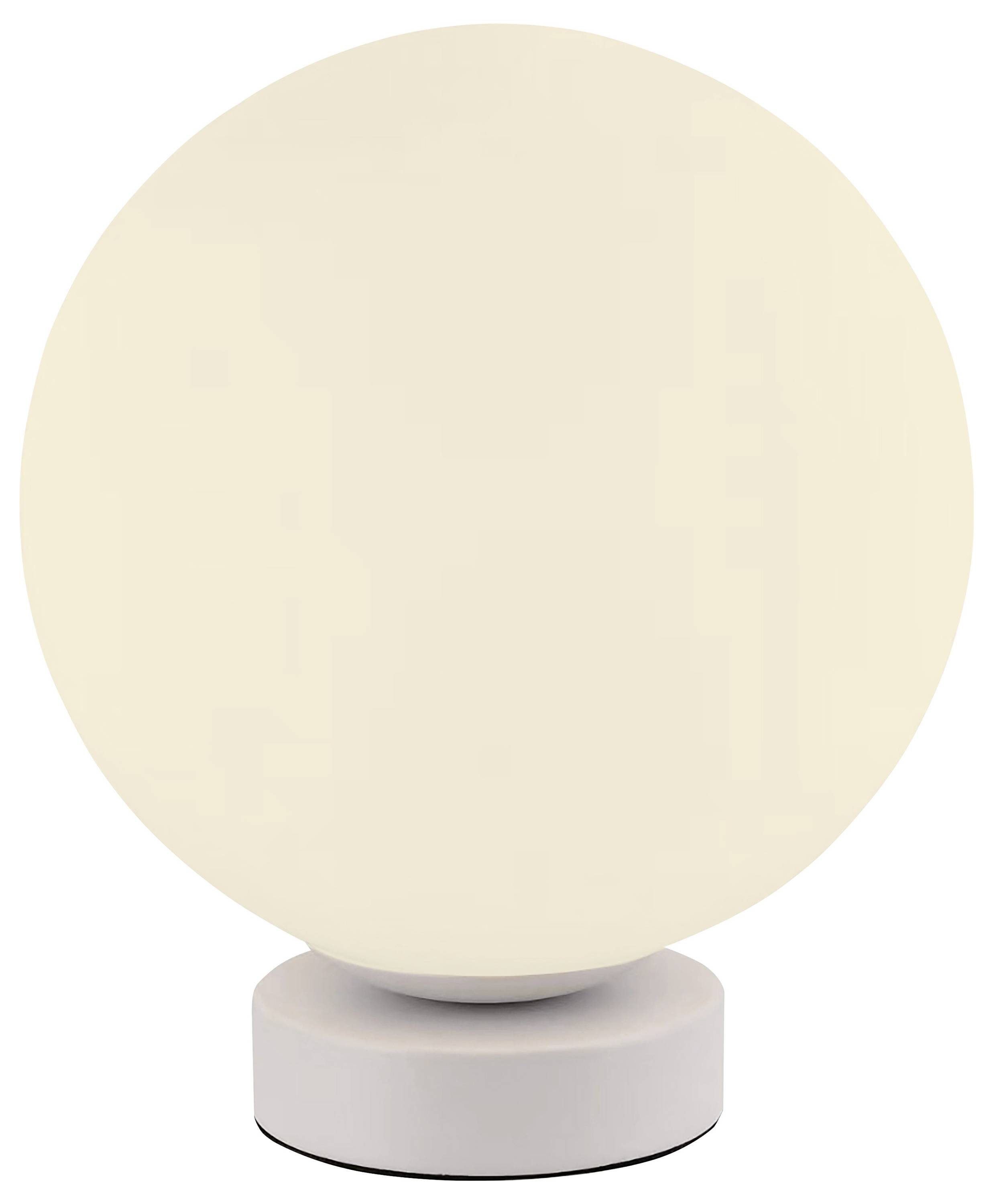 Eine runde Tischlampe mit weißem Diffusor auf einem kurzen zylindrischen Sockel. Abstrahlt weiches, warmes Licht.