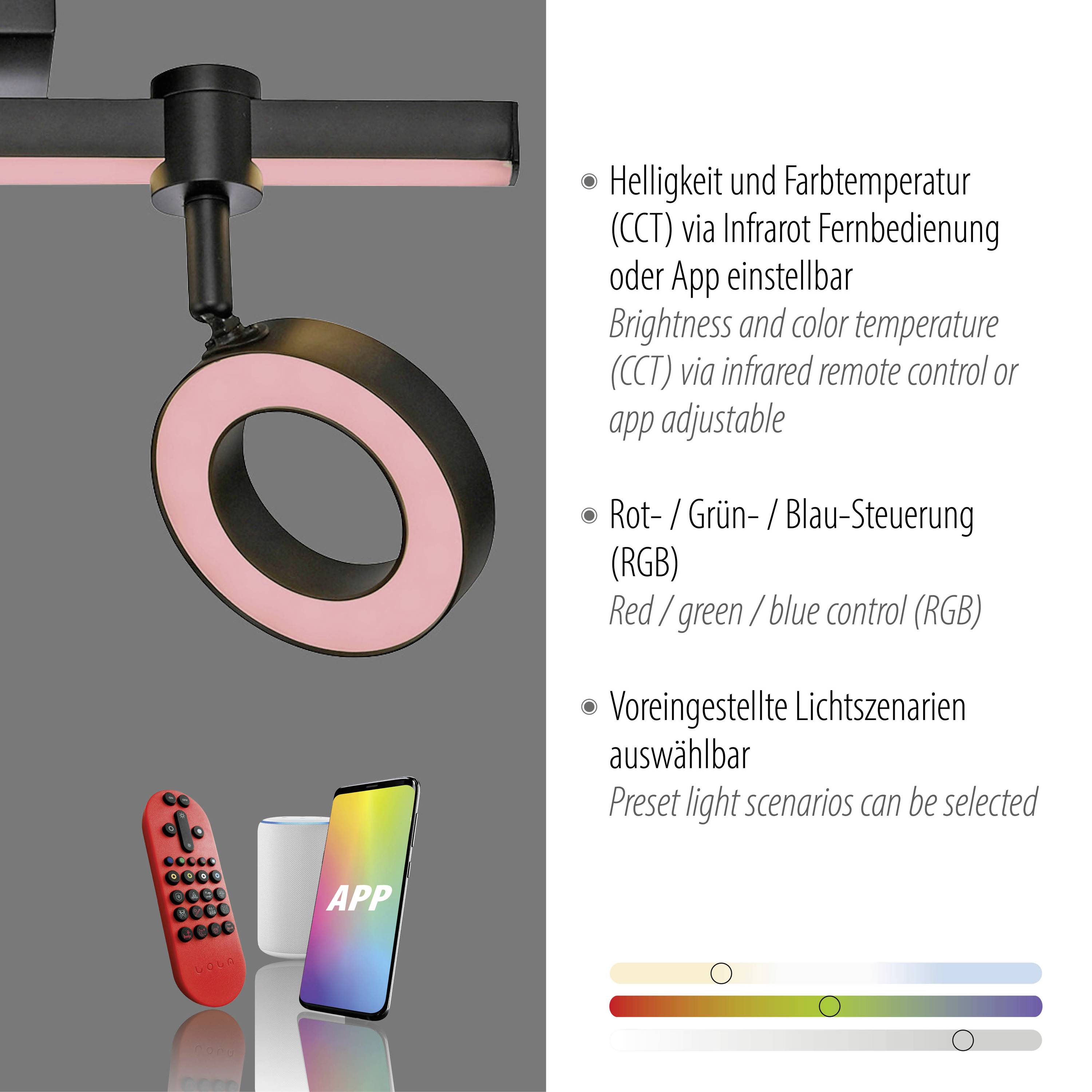 LED-Leuchte mit Fernbedienung und App-Steuerung. Funktionen: Helligkeit und Farbtemperatur (CCT), RGB-Farbwechsel, voreingestellte Szenarien.