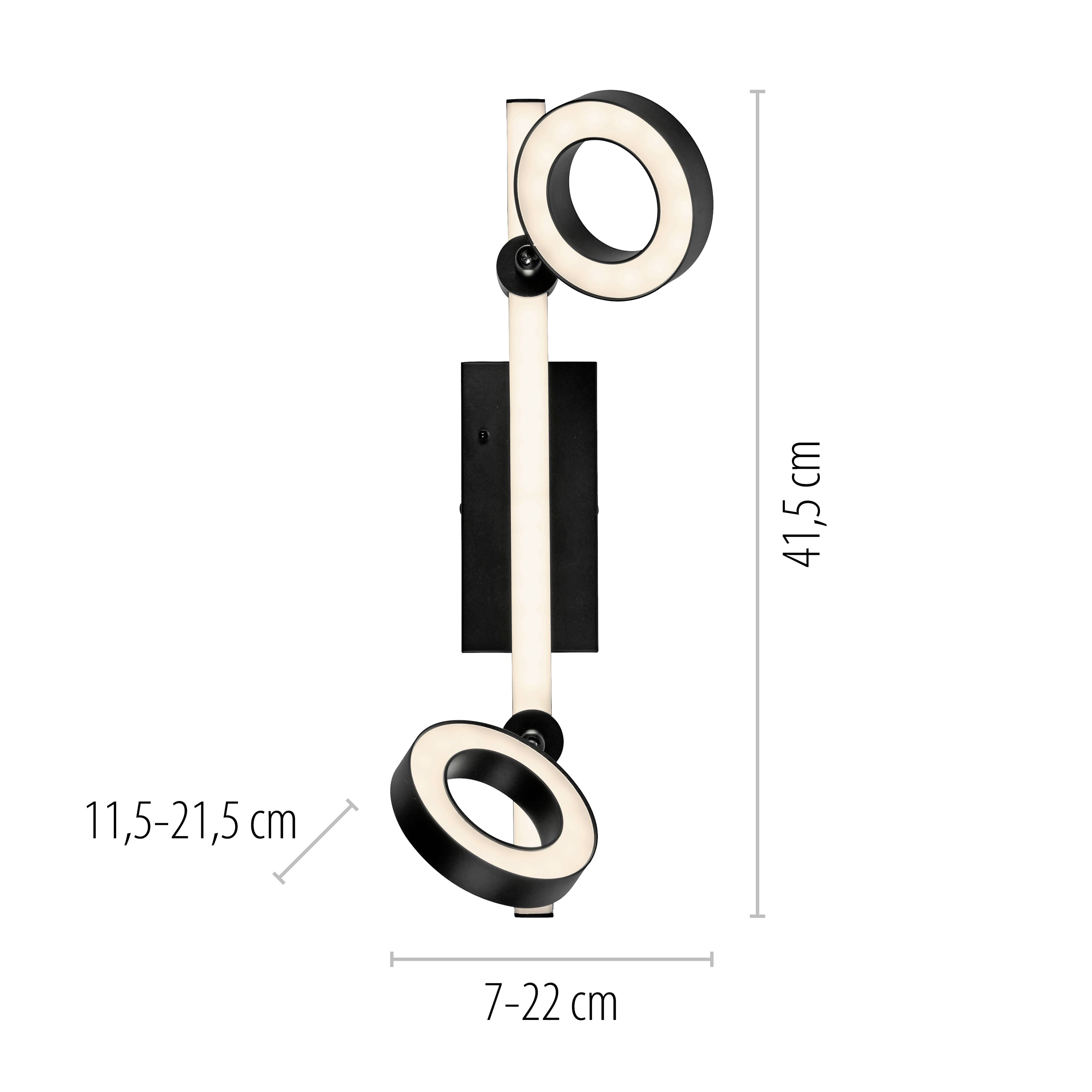 Wandlampe mit zwei verstellbaren, ringförmigen Leuchten. Maße: Höhe 41,5 cm, Breite 7-22 cm, Leuchtengröße 11,5-21,5 cm.
