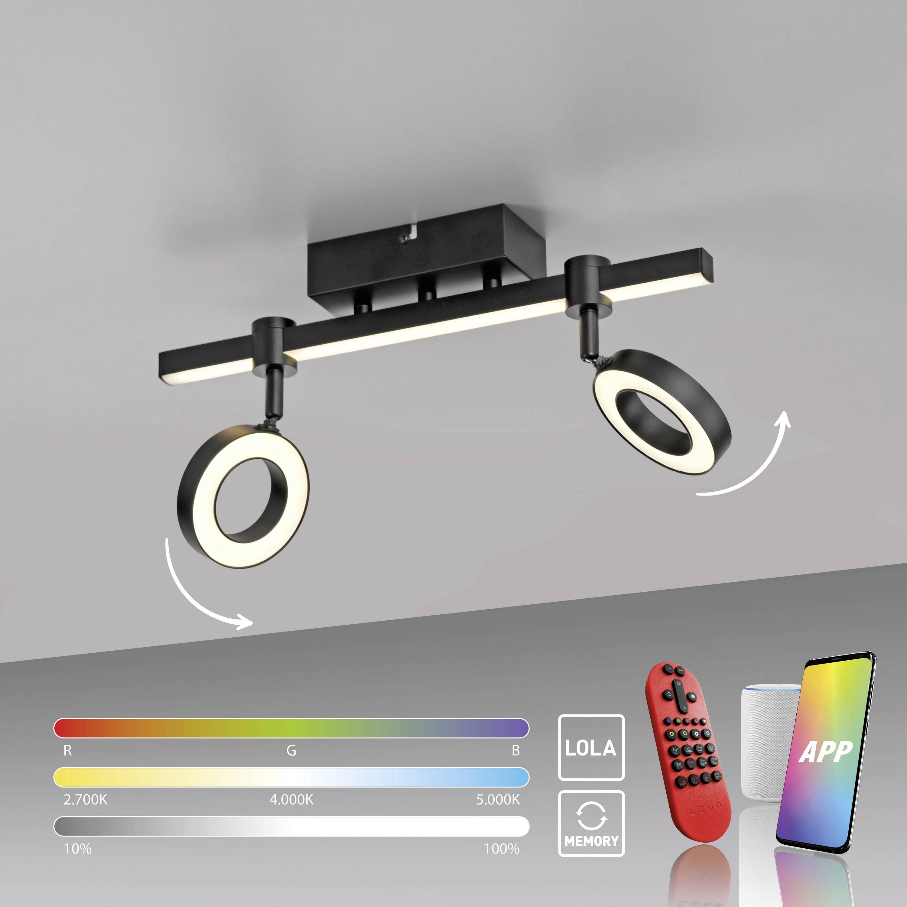 Rote Fernbedienung mit Knöpfen für Licht- und Farbtemperatur. Funktionen umfassen Dimmen, Farbanpassung, TV-Simulation und Schlafmodus.