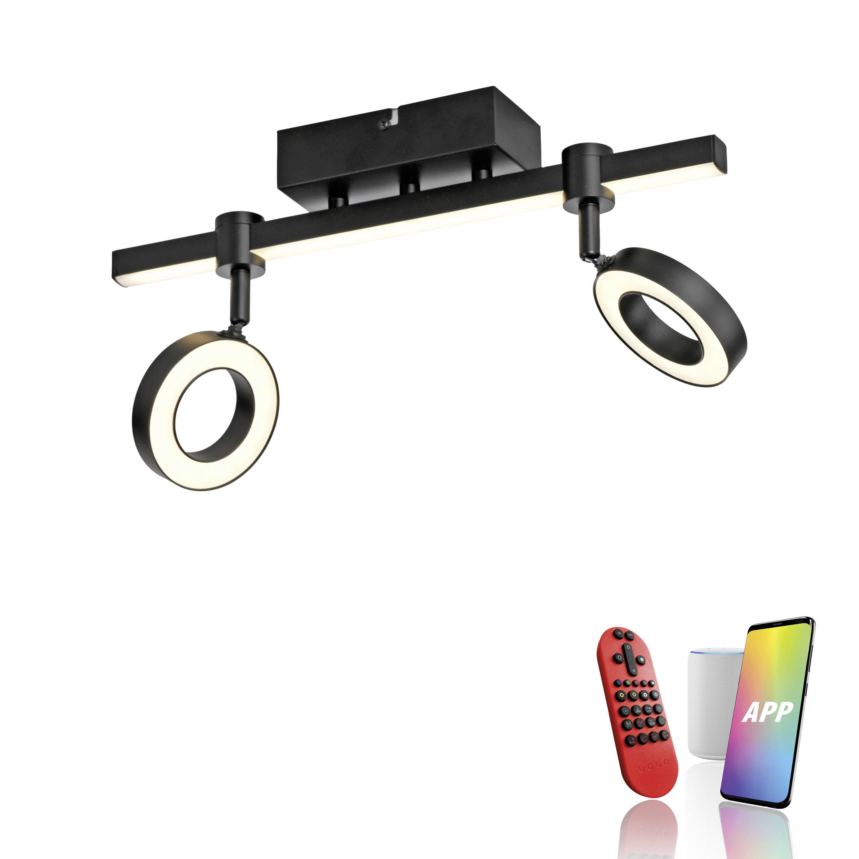 Deckenleuchte in modernem Design mit zwei verstellbaren Leuchtringen. Steuerung per Fernbedienung oder App möglich.
