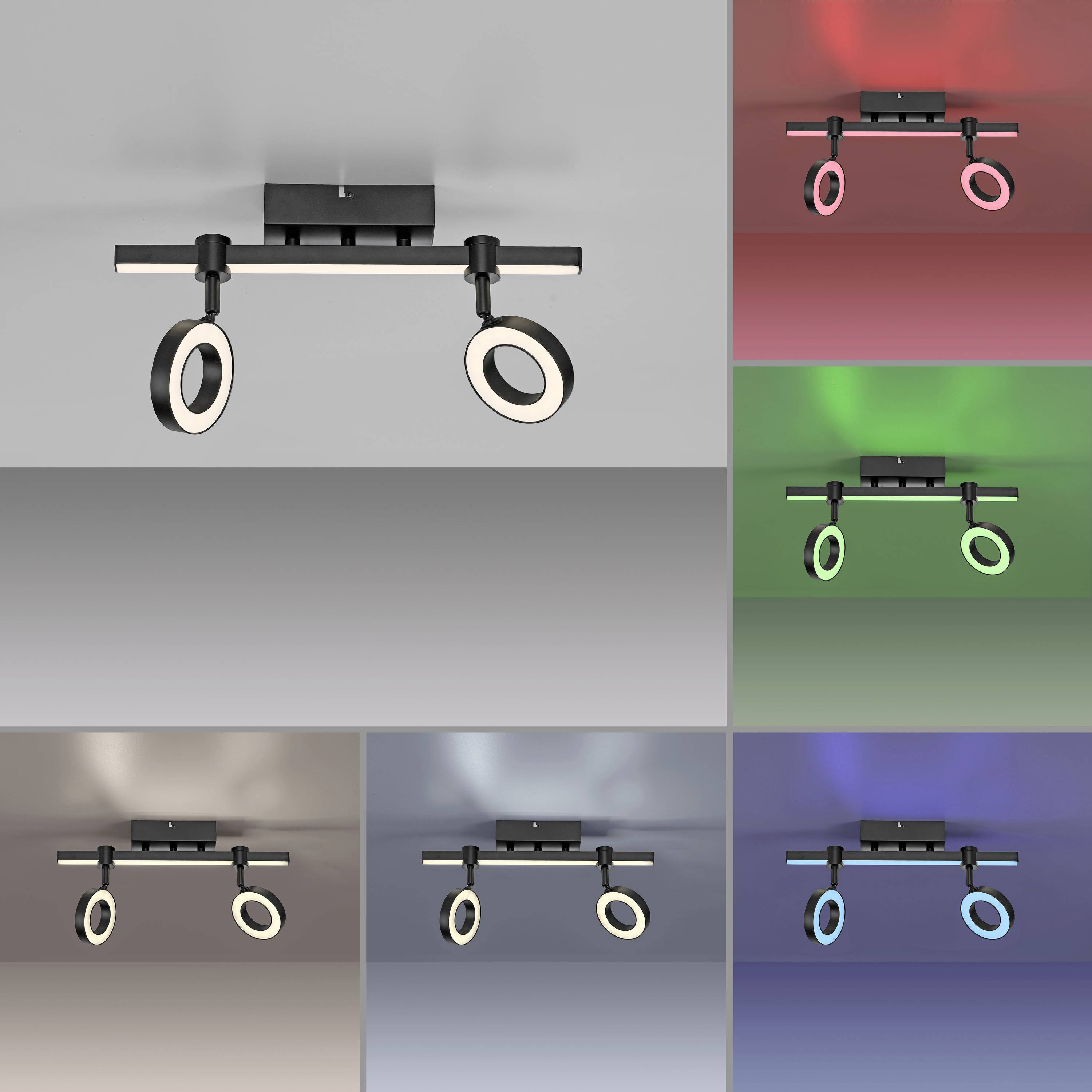 Deckenleuchte mit zwei schwenkbaren LED-Ringen, dargestellt in sieben Farbvarianten: weiß, rot, grün, braun, blau, türkis und grau.