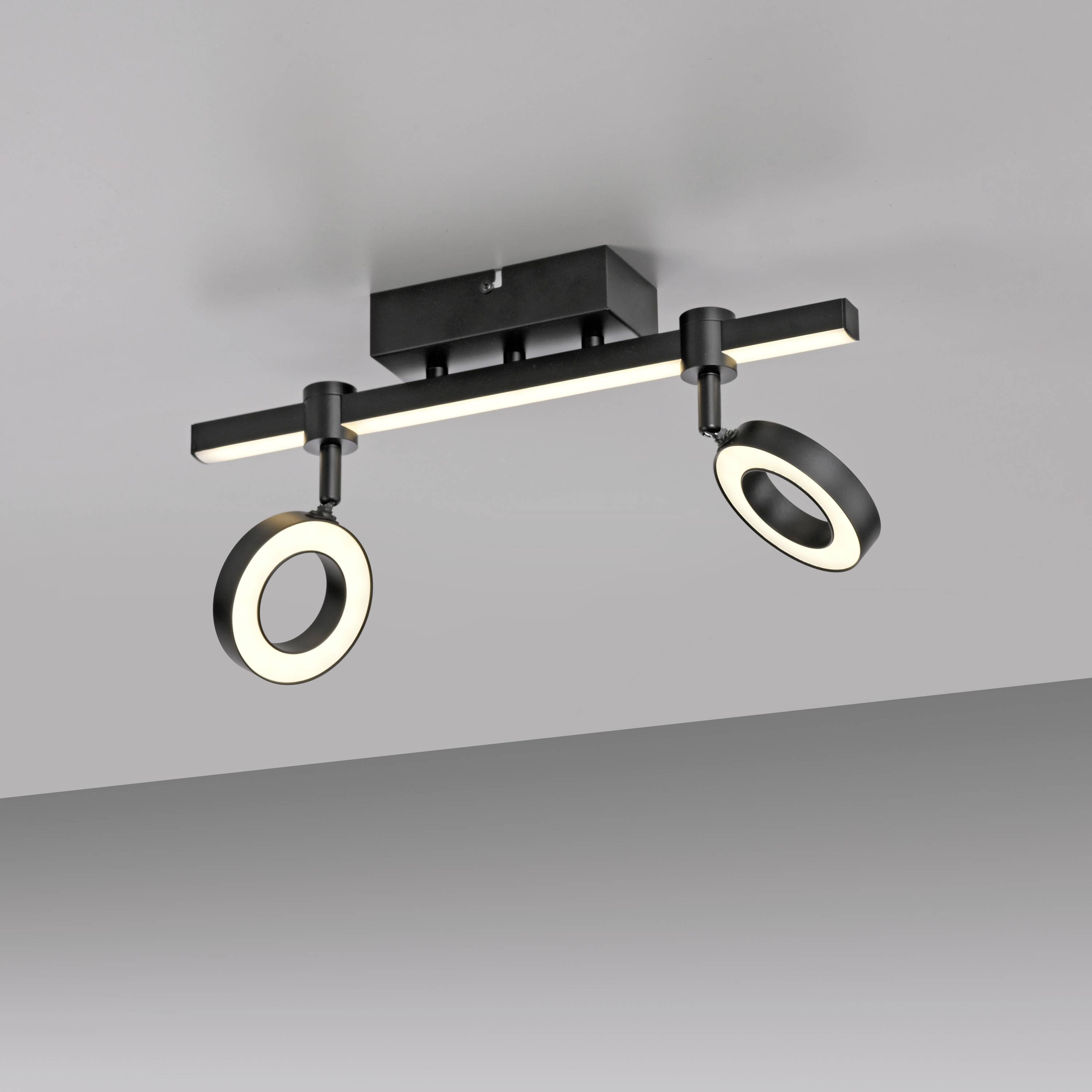 Moderne Deckenleuchte mit zwei ringförmigen LED-Lampen, die in entgegengesetzte Richtungen zeigen, montiert an einer rechteckigen Halterung.