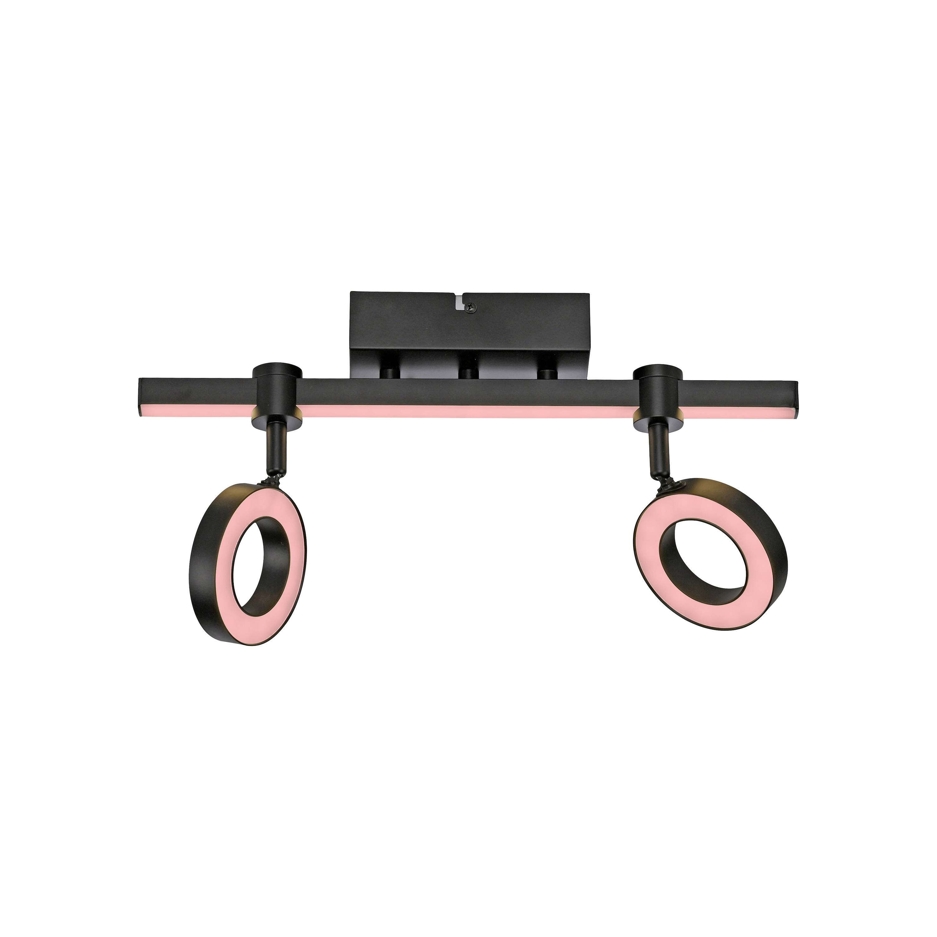 Schwarzer Deckenstrahler mit zwei verstellbaren, ringförmigen Lampen und pinkem Lichtakzent. Modernes Design für Innenräume.