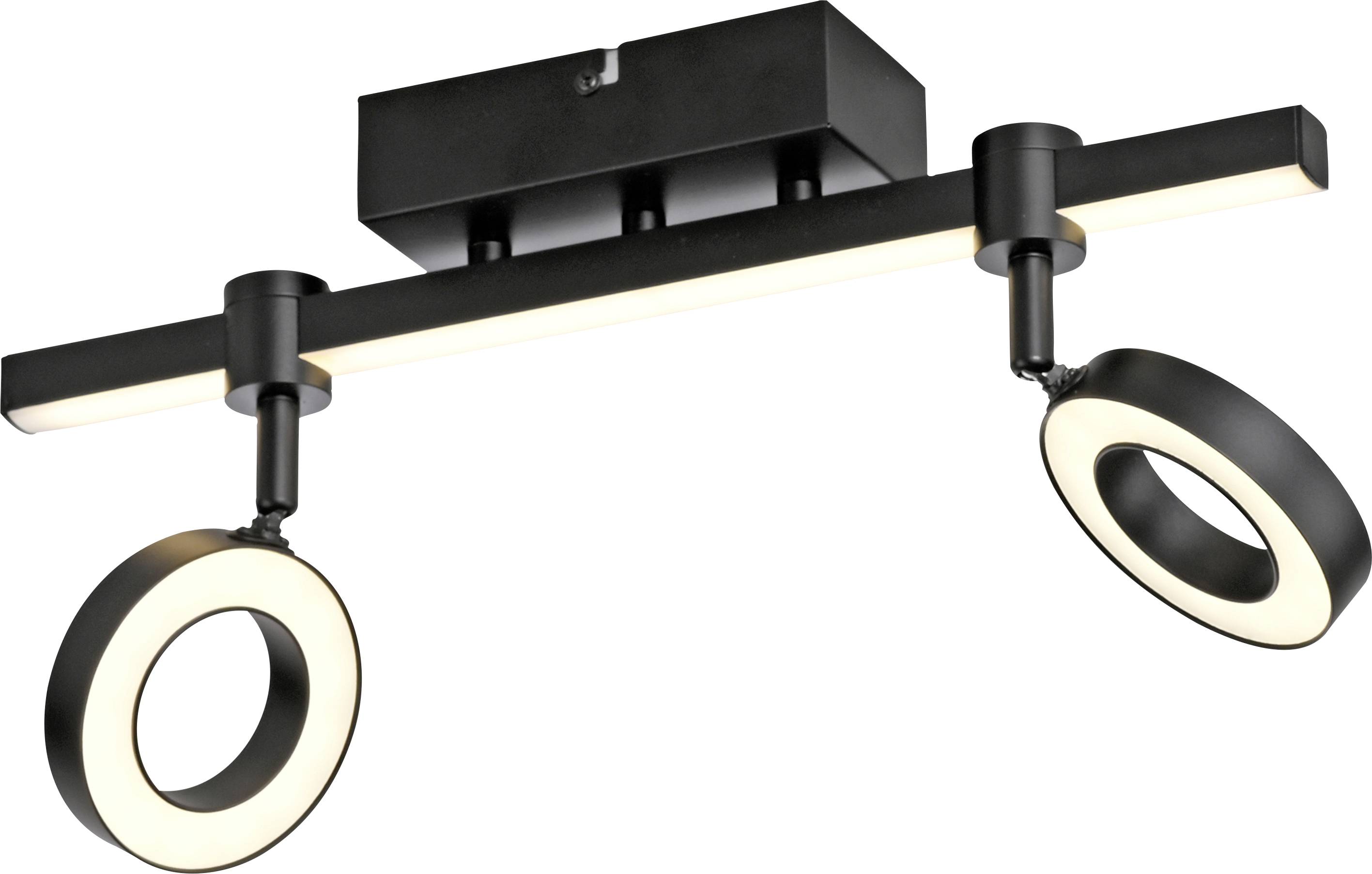 Zwei runde, verstellbare Deckenleuchten an einer schwarzen Schiene montiert, mit moderner LED-Technologie in einem minimalistischen Design.