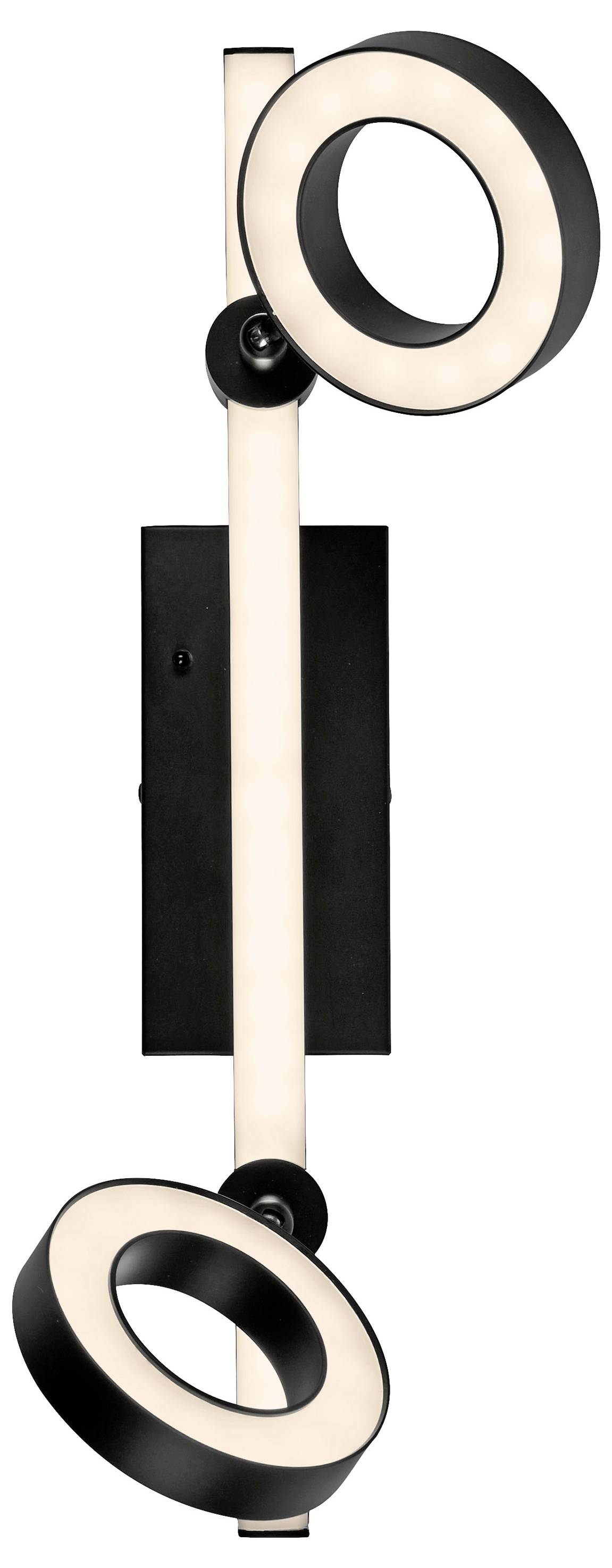 Schwarze Wandleuchte mit zwei runden LED-Lichtkreisen, vertikal angeordnet.