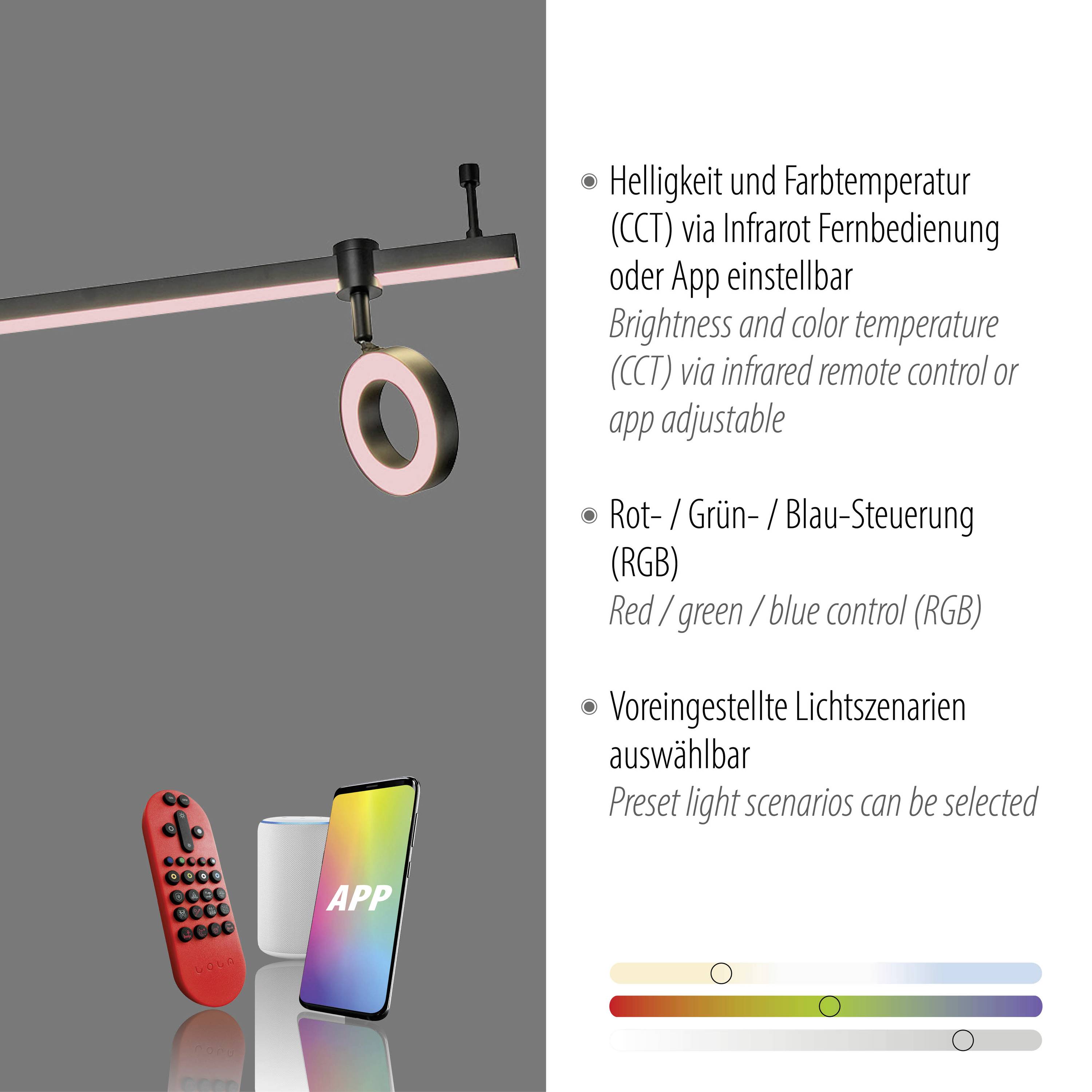 Ein dimmbarer, farbveränderbarer LED-Ring mit Fernbedienung und App-Steuerung, bietet verschiedene voreingestellte Lichtzenarien.
