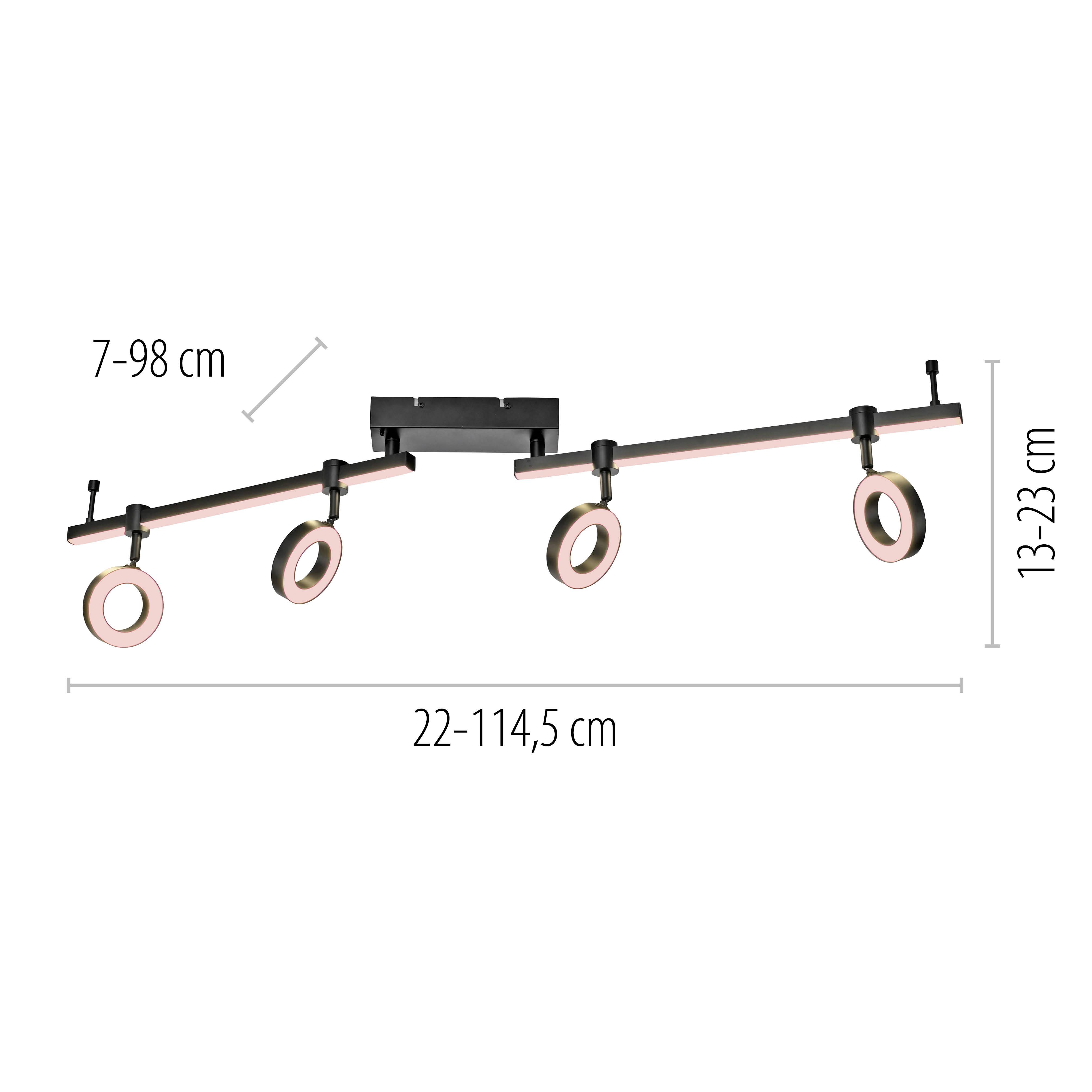 Deckenleuchte mit vier verstellbaren runden Spotlights auf einer schwenkbaren Stange; Maße: 22–114,5 cm Länge, 7–98 cm Breite, 13–23 cm Höhe.