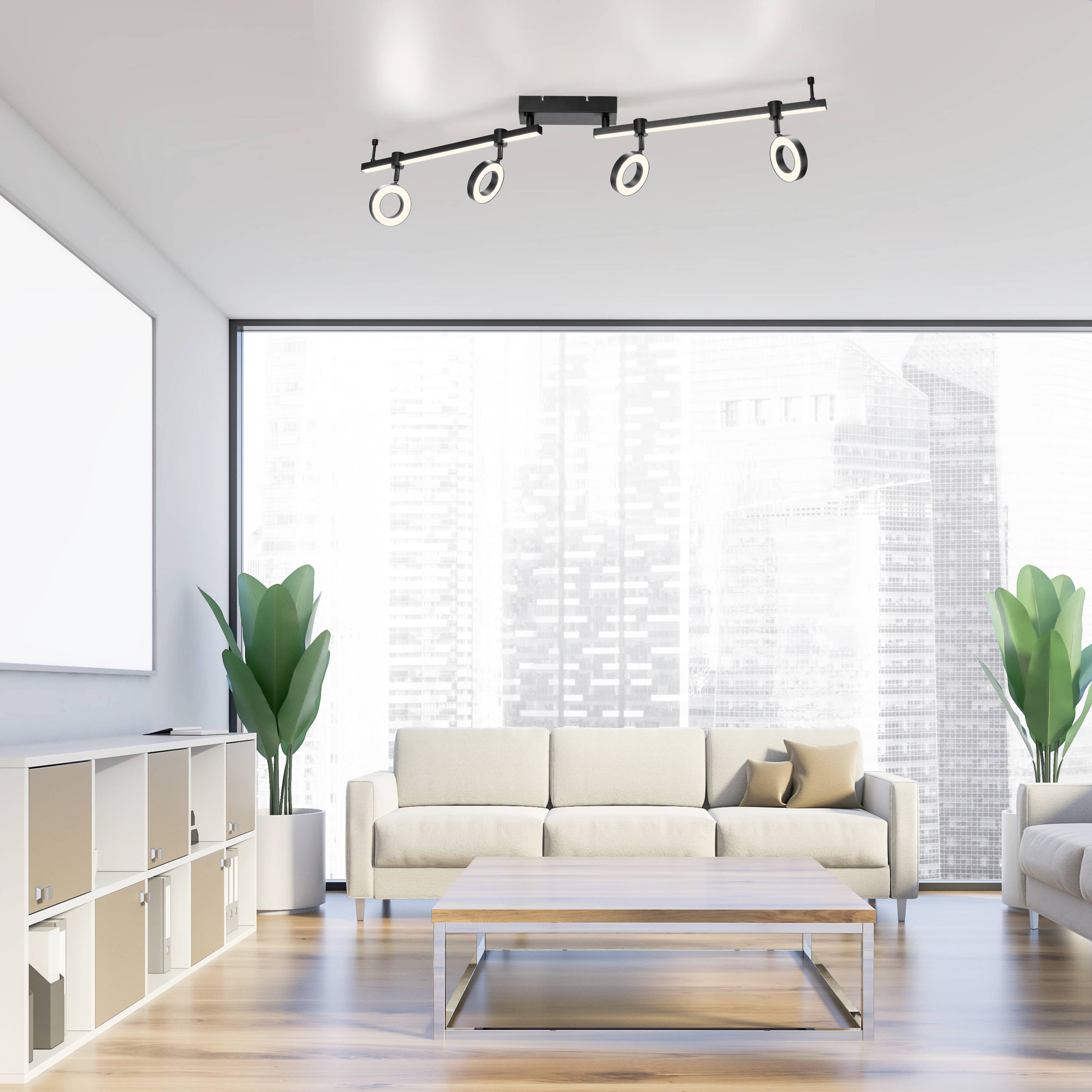 Modernes Wohnzimmer mit zwei beigefarbenen Sofas, Couchtisch aus Holz und großer Fensterfront mit Blick auf Wolkenkratzer.