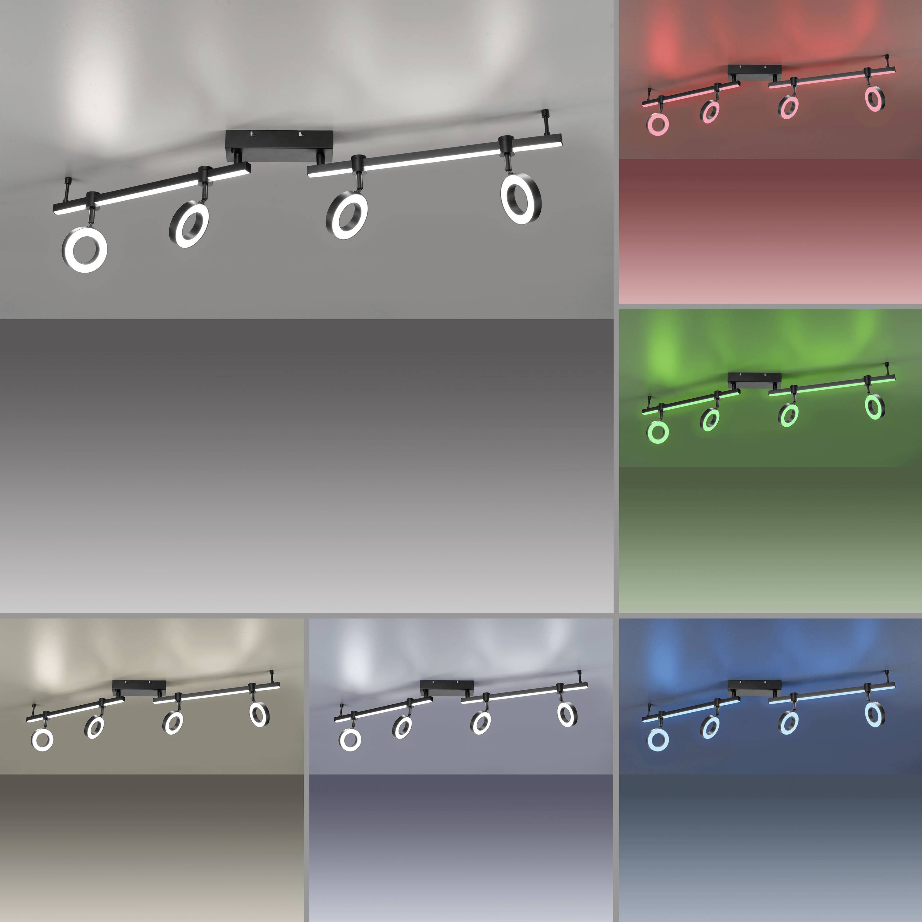 Deckenleuchte mit drei individuell einstellbaren Ringen. Verschiedene Lichtfarben: neutral, rot, grün, blau, violett.
