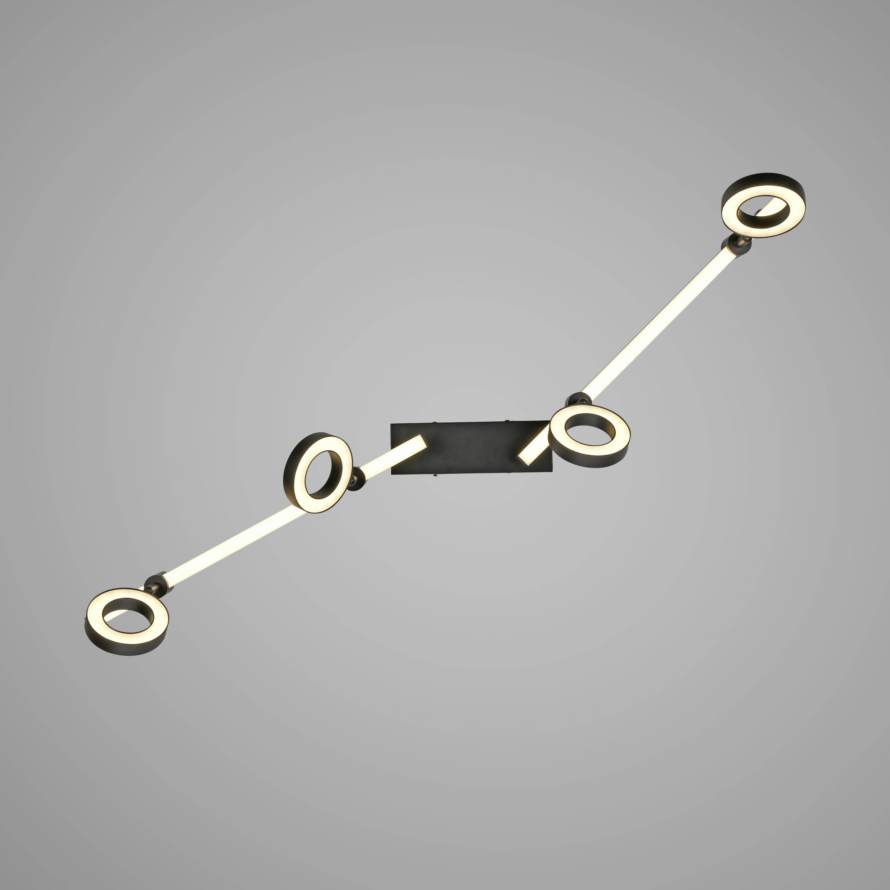 Deckenleuchte mit drei verstellbaren LED-Ringen, verbunden durch zwei Metallstäbe. Schlichtes, modernes Design auf grauem Hintergrund.