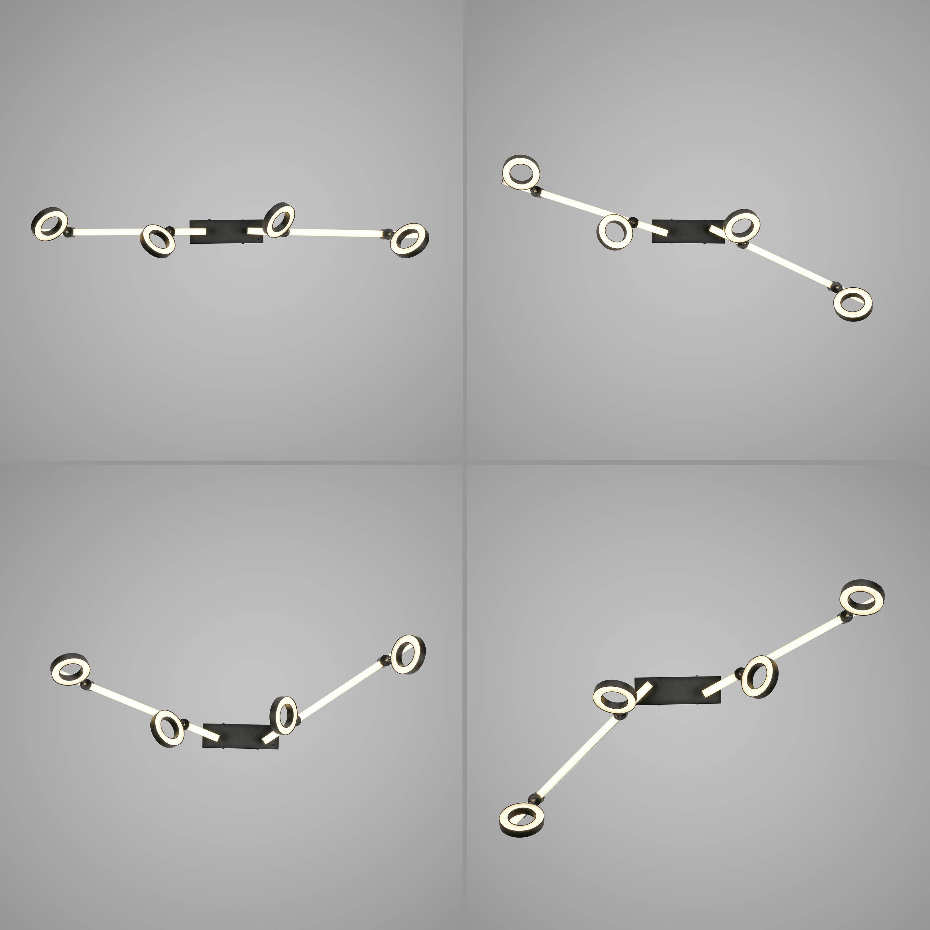 Vier modulare, verstellbare Deckenspots auf grauem Hintergrund. Jeder Spot besteht aus zwei Balken mit drehbaren Lichtern an den Enden.