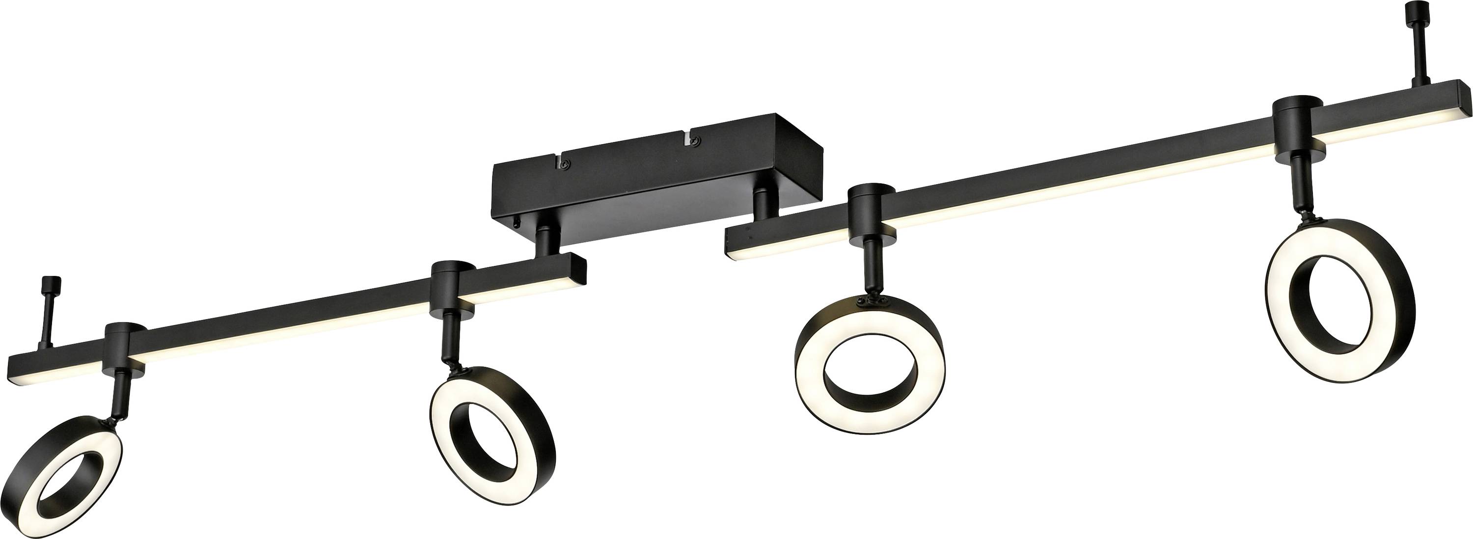 Schwarz-weiße Deckenleuchte mit vier verstellbaren LED-Lichtringen in einer Linie angeordnet, moderne und schlichte Optik.
