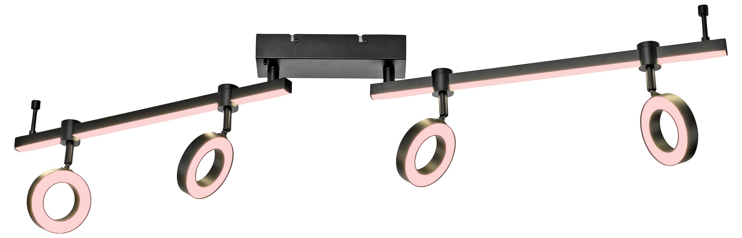 Ein moderner, schwarz-rosafarbener LED-Deckenstrahler mit vier verstellbaren, ringförmigen Leuchten. Ideal für Akzentbeleuchtung.