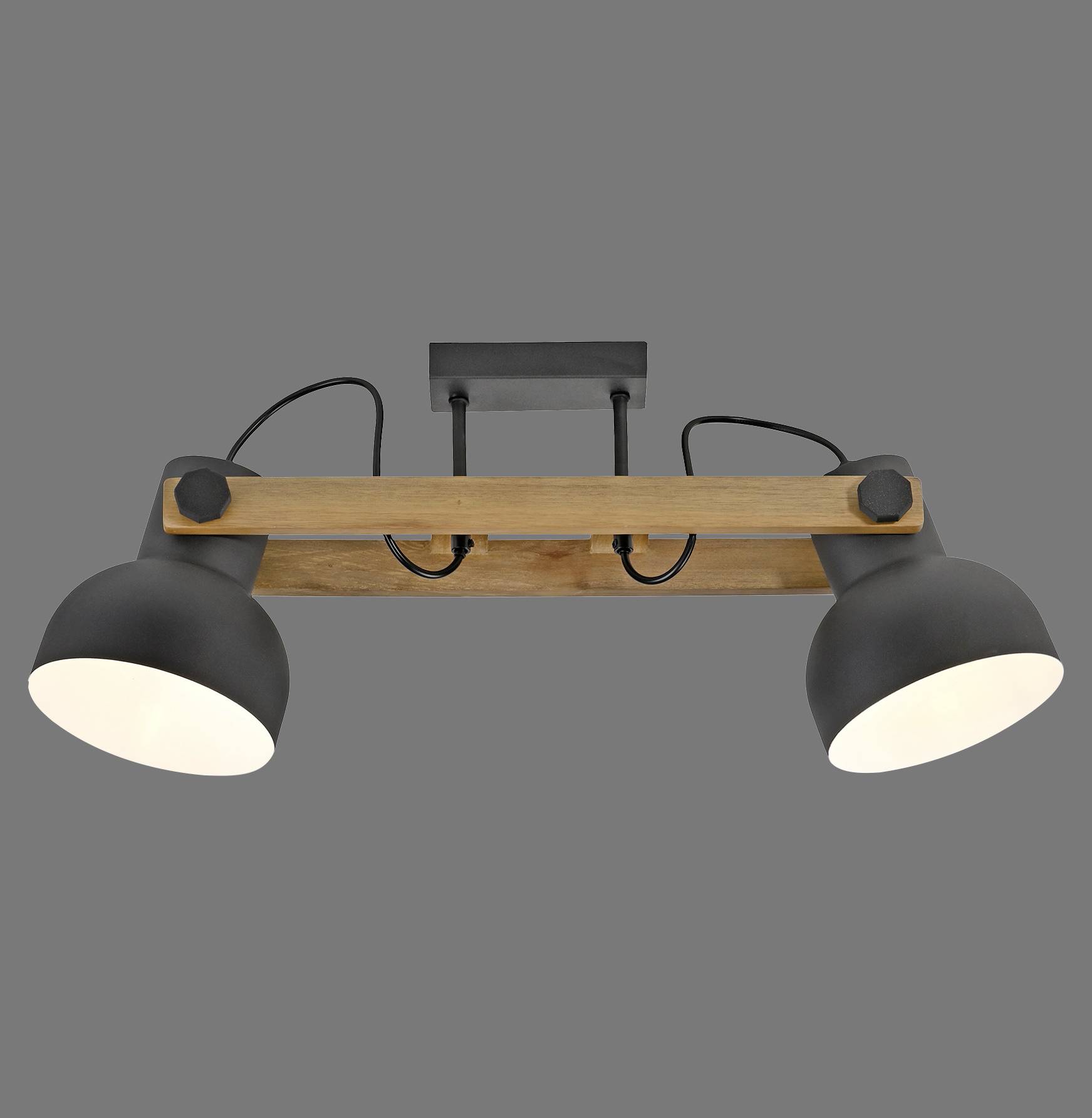 Zweiflammige Deckenlampe mit schwarzem Metall und Holzdetails in modernem Design. Lampenschirme neigbar für gezielte Beleuchtung.