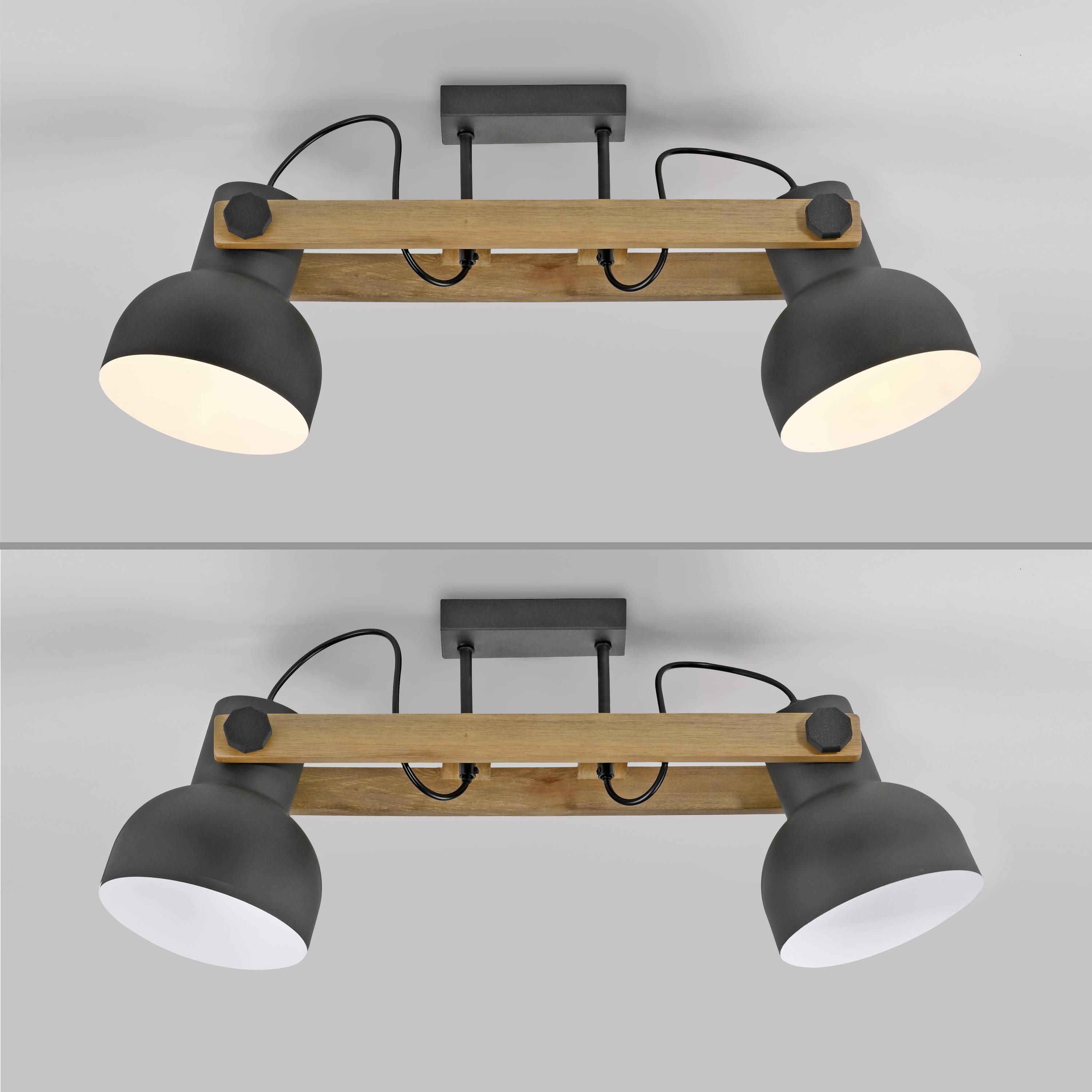 Deckenleuchte mit zwei schwarzen Lampenschirmen an einer Holzhalterung, die an der Decke montiert ist.