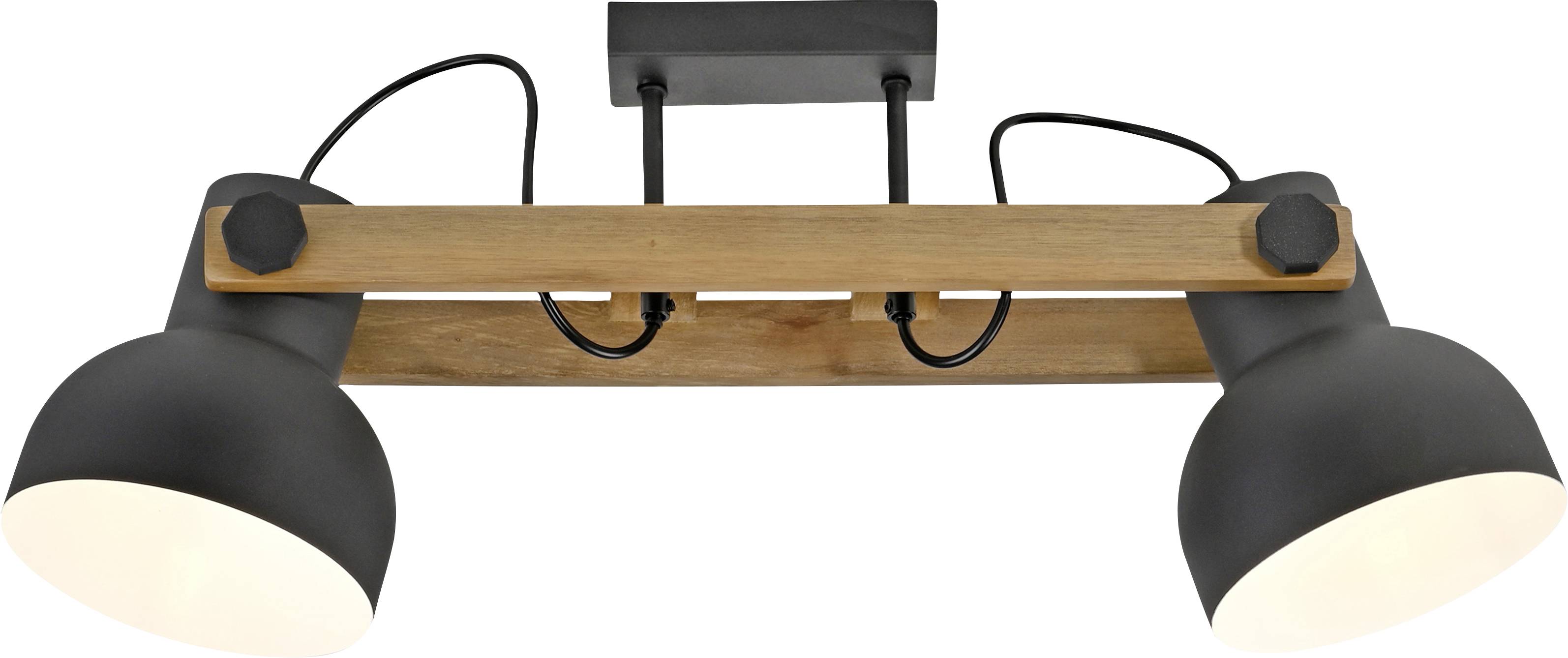 Schwarze Deckenleuchte mit zwei verstellbaren, halbkugeligen Lampenschirmen an einer Holzhalterung, Kabel sichtbar.