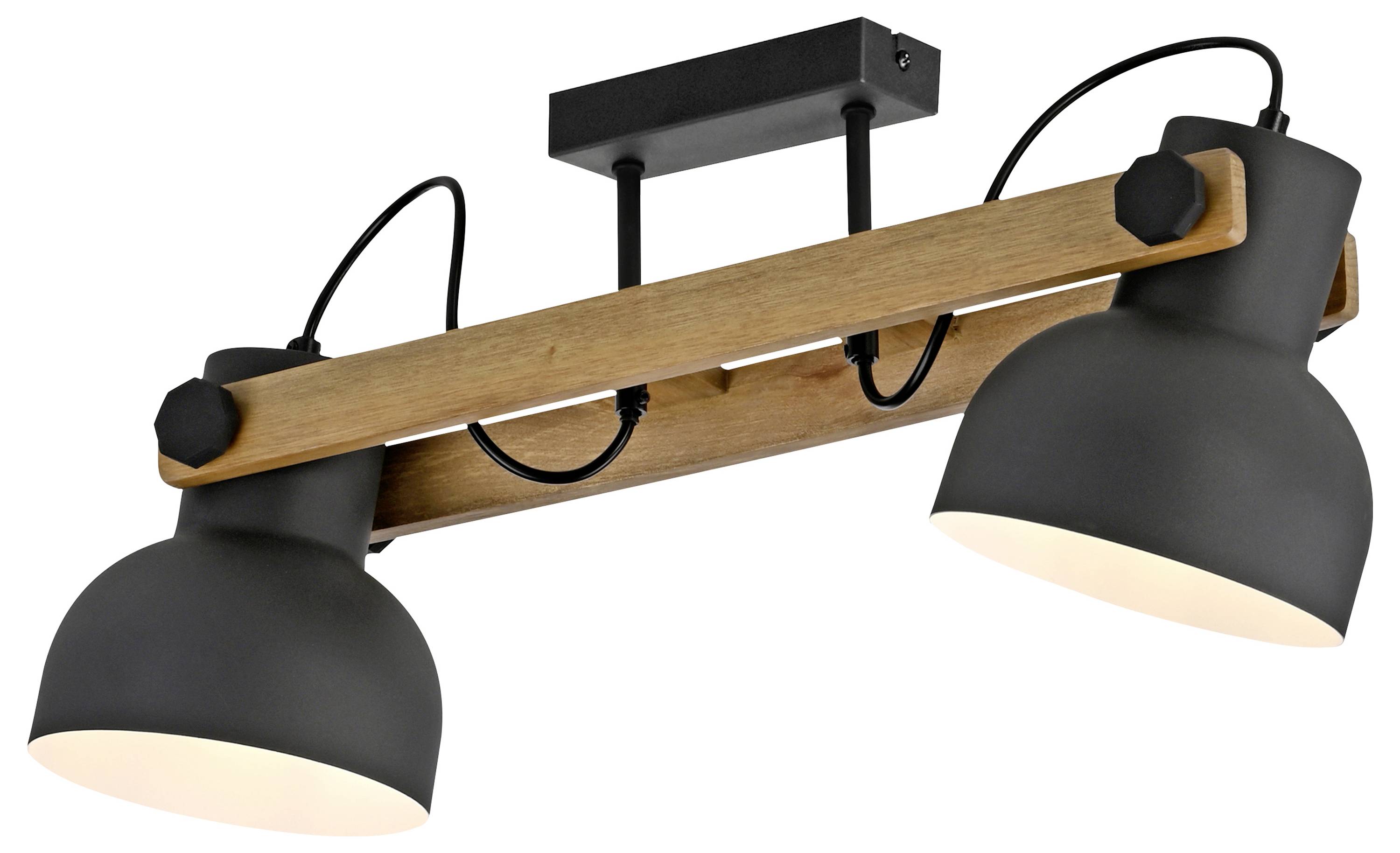 Eine Deckenleuchte mit zwei schwarzen, kegelartigen Lampenschirmen und einer Holzbasis, die eine moderne industrielle Ästhetik bietet.