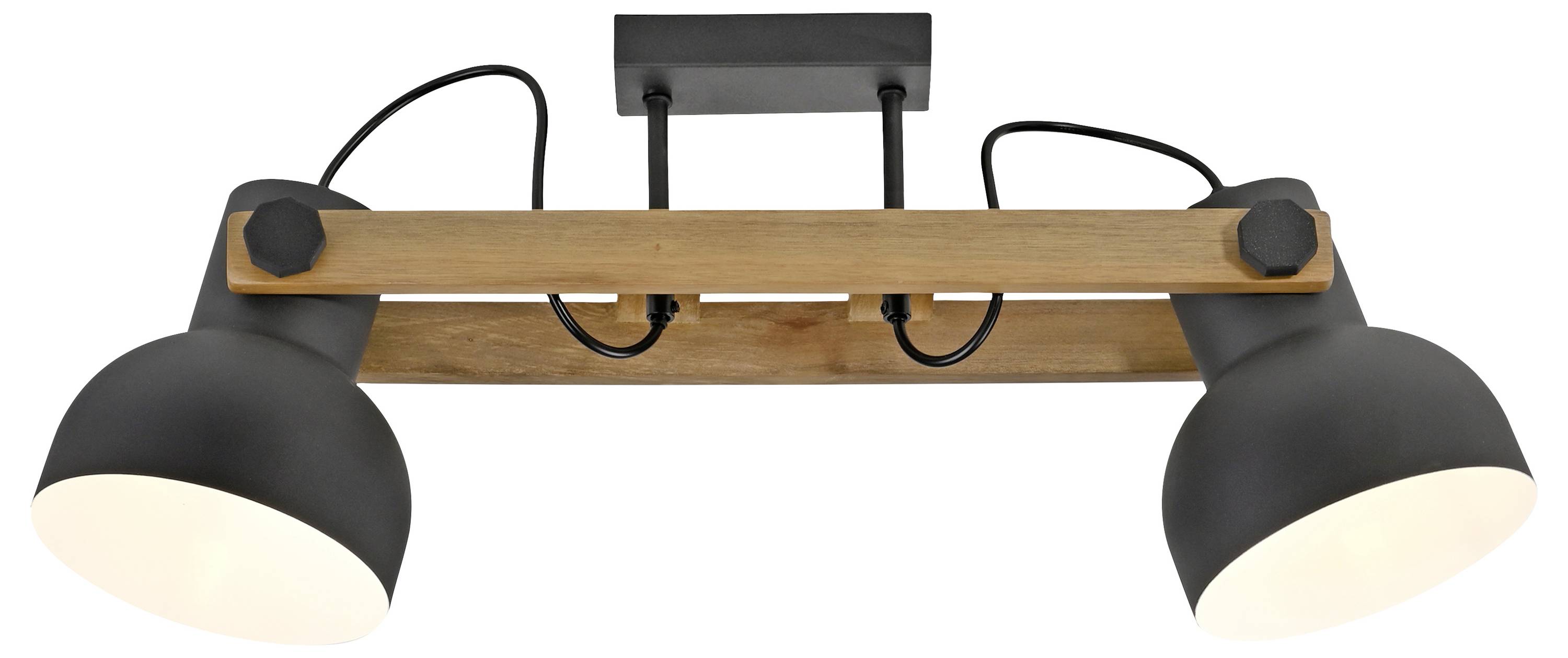 Schwarze Deckenlampe mit zwei runden, nach unten gerichteten Leuchten an einem Holzarm. Ideal für moderne Raumbeleuchtung.