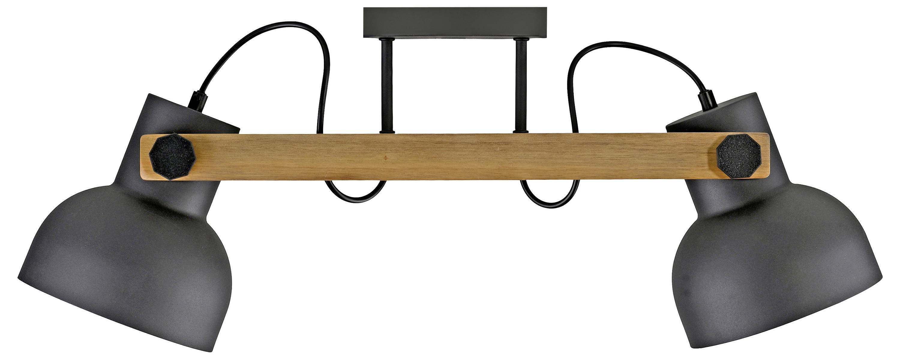 Zwei schwarze Wandleuchten mit Holzverbindung und Kabeln. Die Lampen sind schwenkbar, aus Metall und für moderne Dekore geeignet.