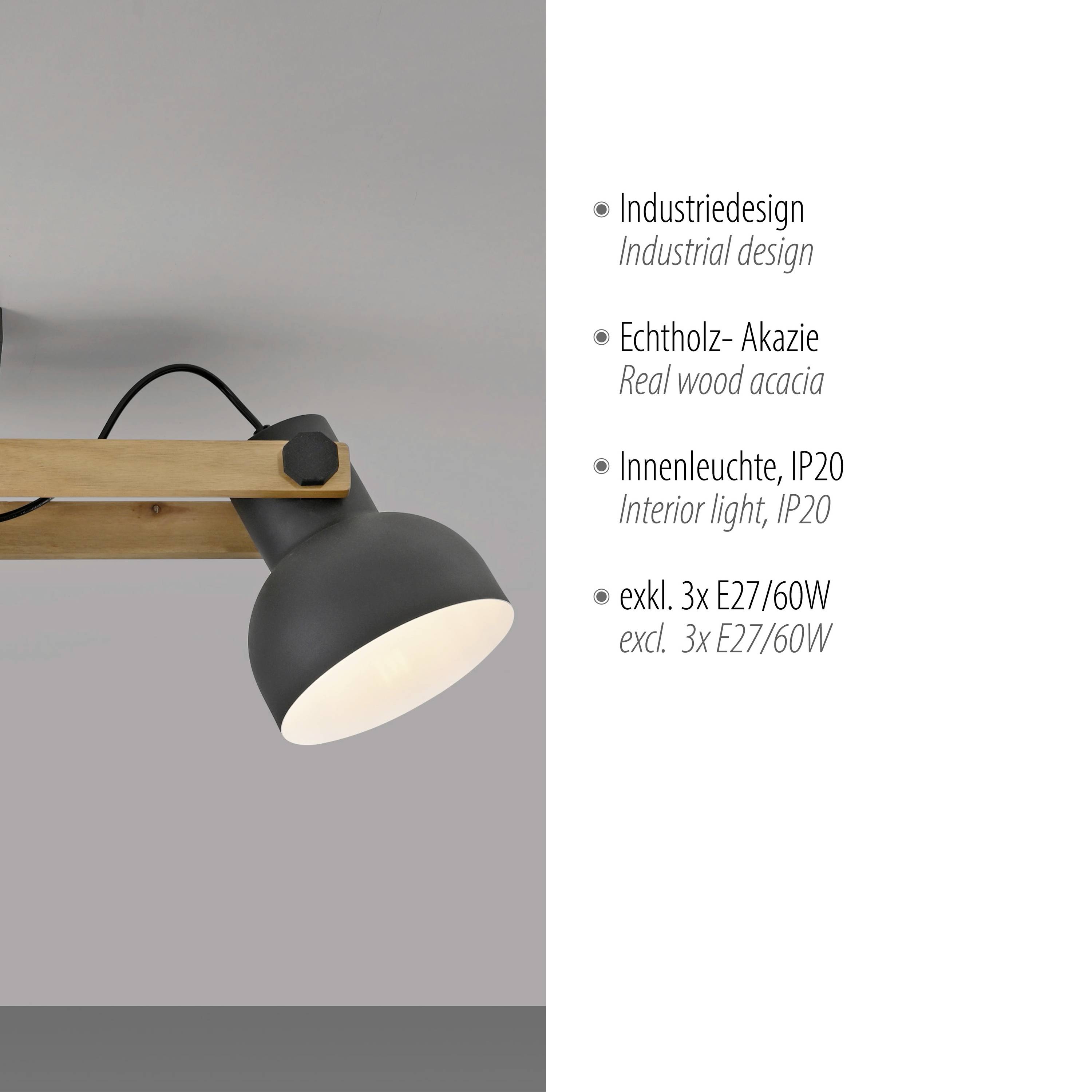 Industrie-Design Wandleuchte aus Akazienholz mit schwarzem Metall, enthält keine Leuchtmittel. Geeignet für Innenräume, Schutzart IP20.