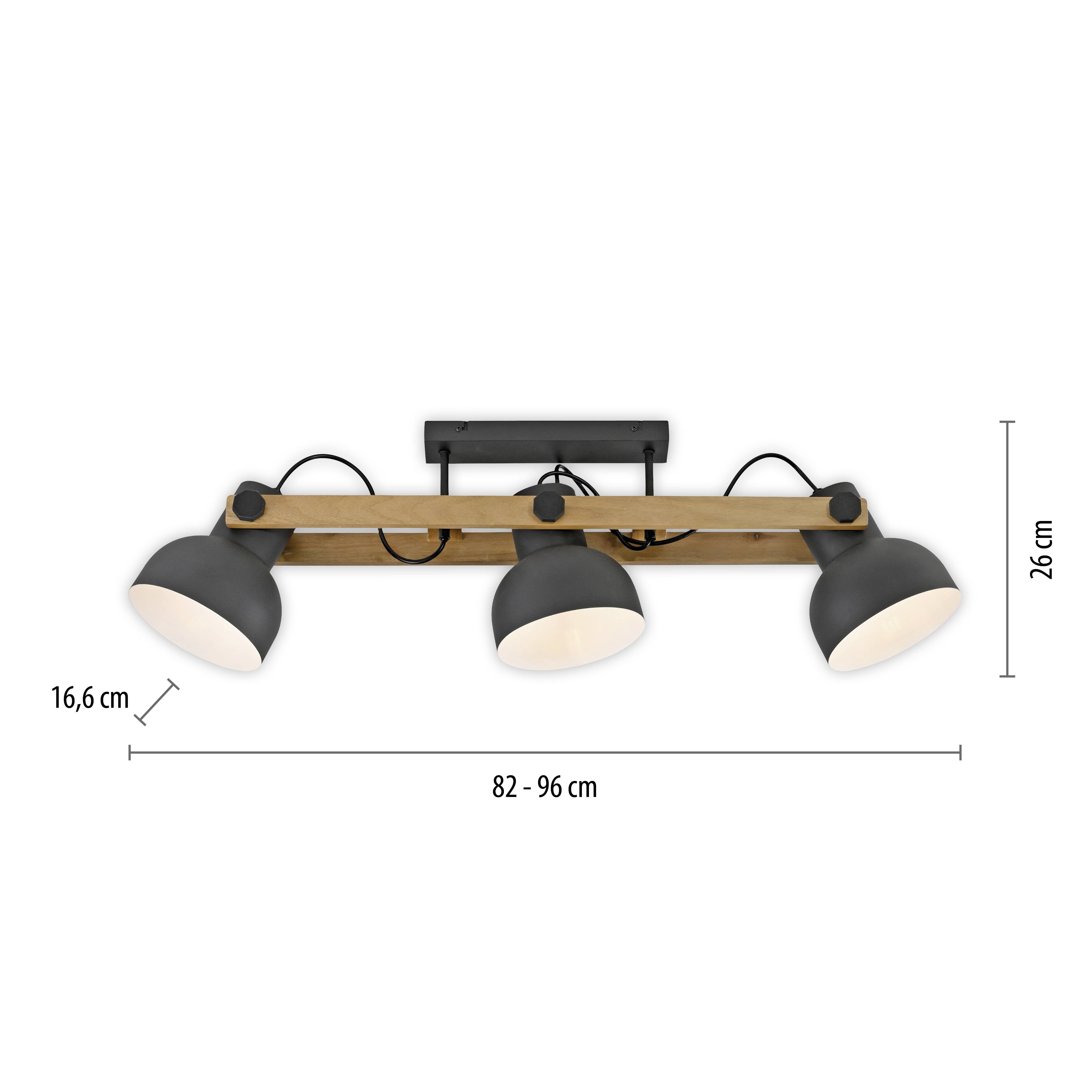 Dreiflammige Deckenleuchte in mattem Schwarz und Holzoptik, misst 82-96 cm in der Breite und 26 cm in der Höhe, mit verstellbarem Design.