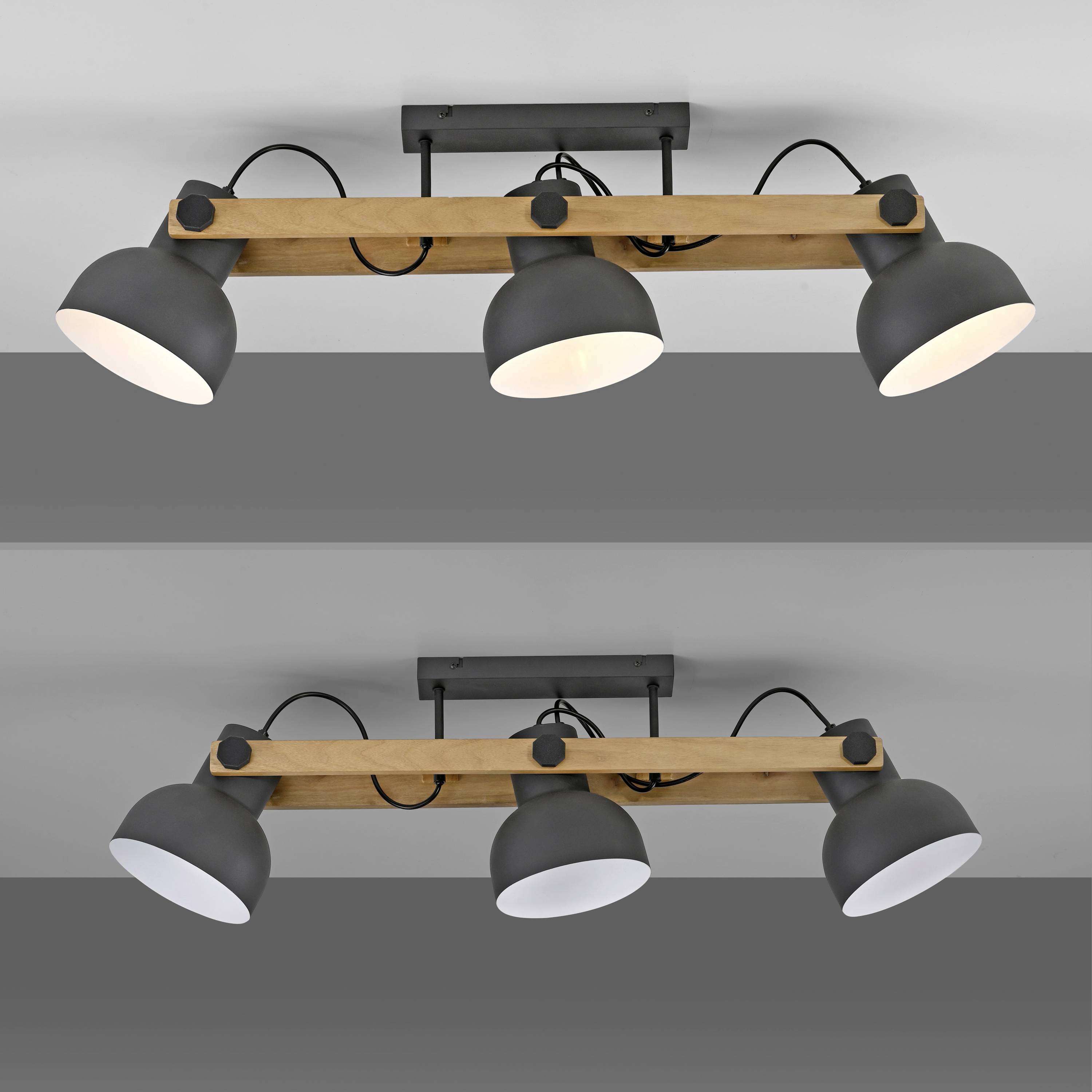 Eine Deckenleuchte mit vier drehbaren Lampenschirmen in Dunkelgrau, montiert an einer Holzeinrichtung. Ideal für modernes Interieur.