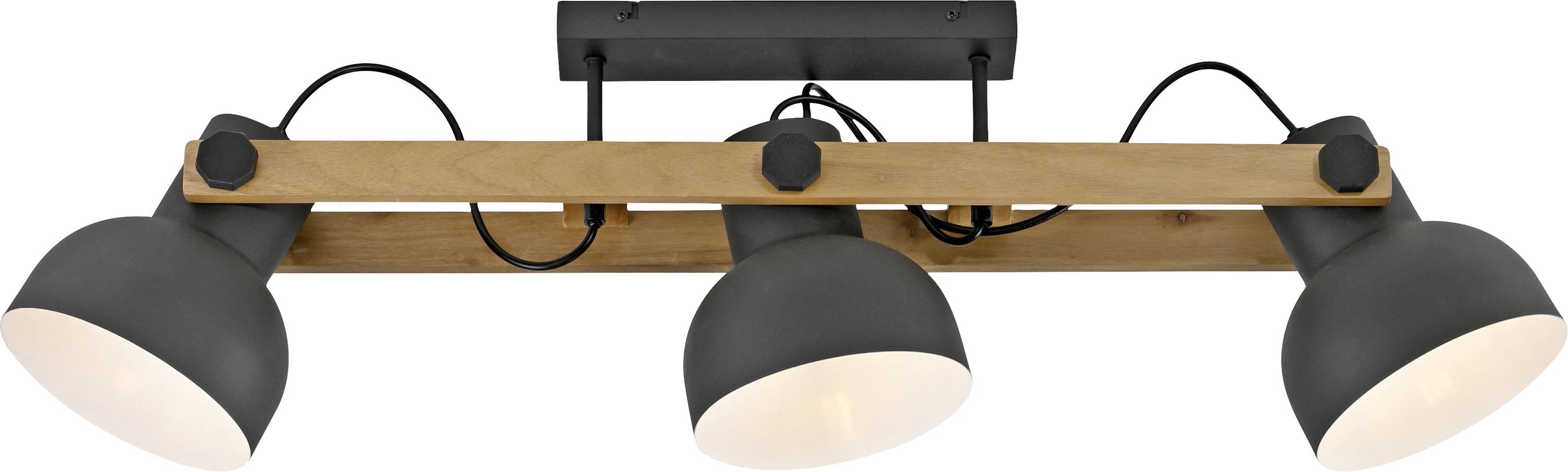 Dreiflammige Deckenleuchte: Drei schwarze, verstellbare Lampenschirme an einem hölzernen Balken. Ideal für gerichtete Beleuchtung.