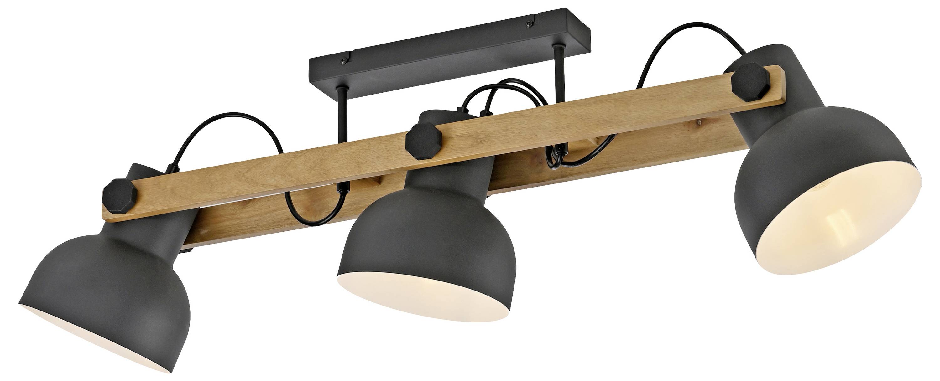 Deckenleuchte mit drei schwarzen, kugelförmigen Lampenschirmen an einem Holzrahmen, geeignet zur stilvollen Raumbeleuchtung.