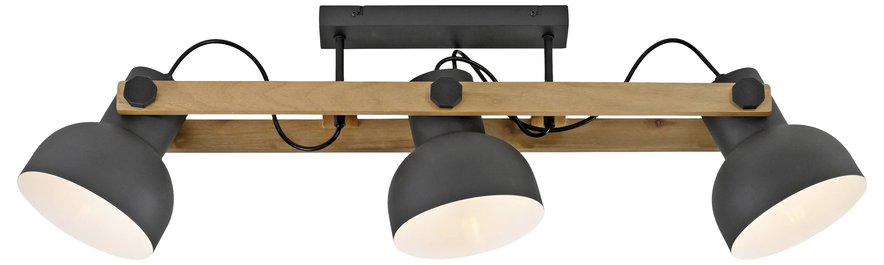 Deckenleuchte mit drei verstellbaren, schwarzen Lampenschirmen auf einem Holzbalken montiert, geeignet für Innenbeleuchtung.