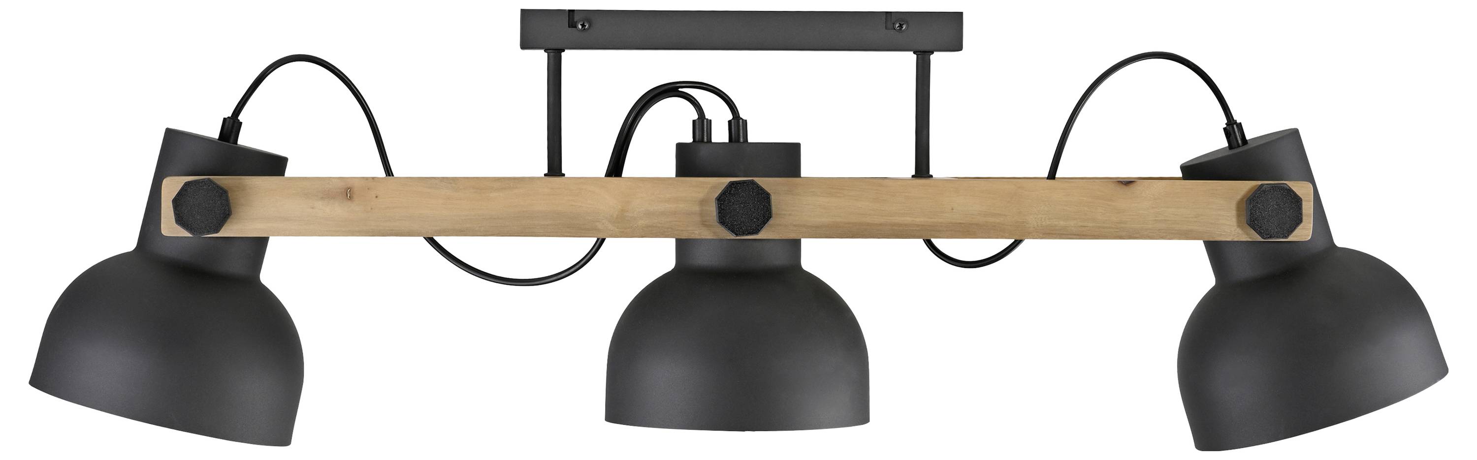 Eine moderne Deckenlampe mit drei schwarzen Metallleuchten auf einem hölzernen Träger, symmetrisch angeordnet, an der Decke montiert.