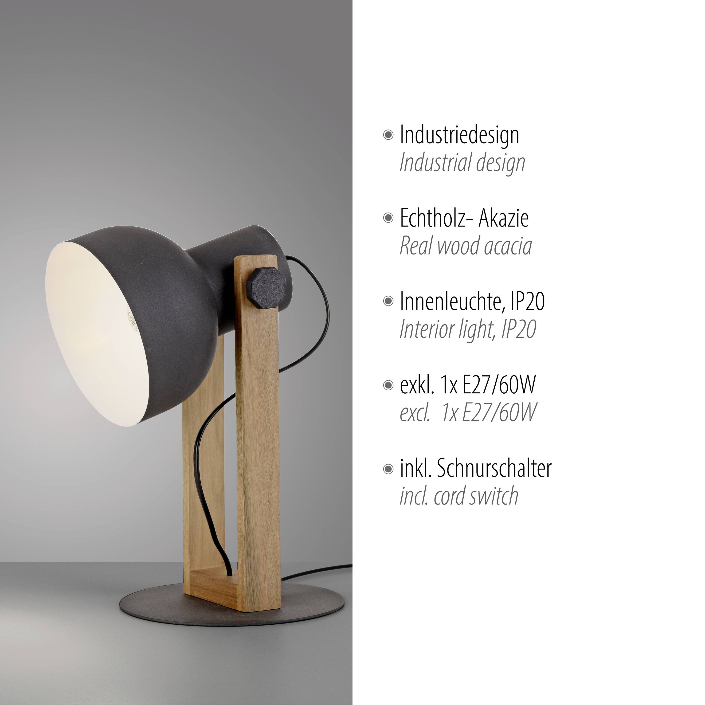Eine Tischlampe mit industriellem Design, Akazienholz-Sockel, schwarzem Metallschirm und Schnurschalter. Geeignet für E27 60W.