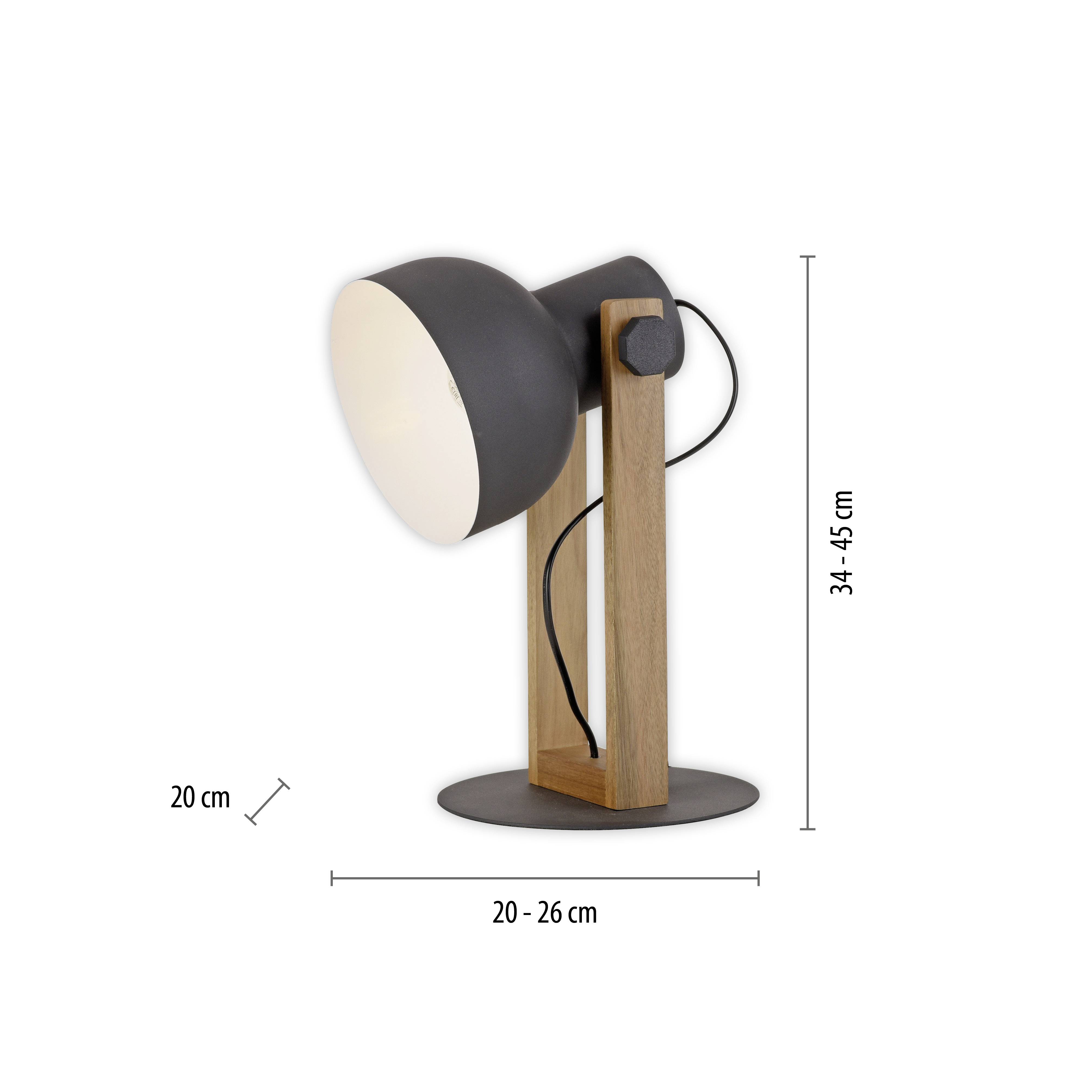 Tischleuchte mit rundem grauem Lampenschirm und Holzgestell. Maße: Höhe 34-45 cm, Breite 20-26 cm, Tiefe 20 cm.
