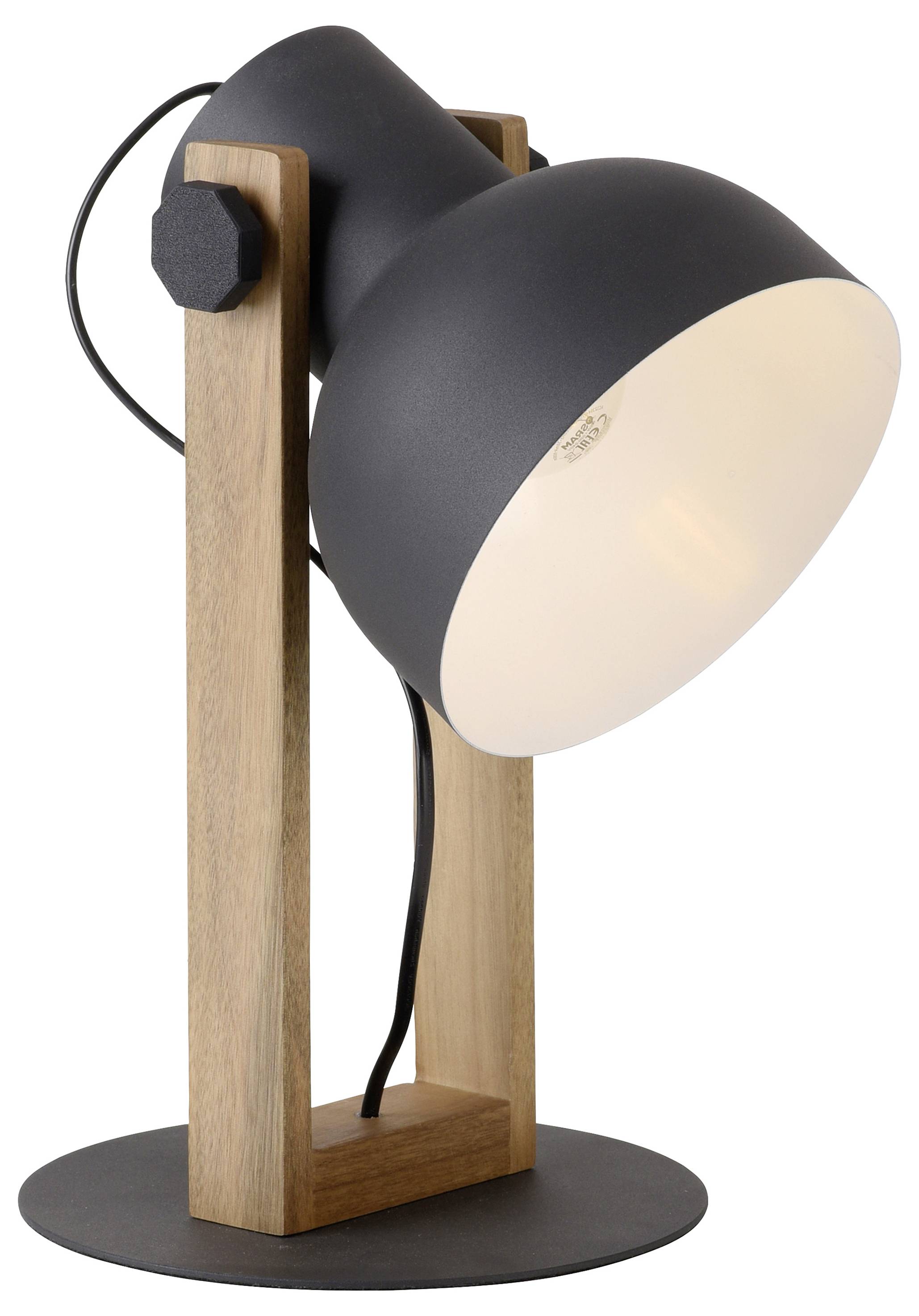 Eine moderne Tischlampe mit schwarzem Schirm und Holzbasis, steht aufrecht. Das Design kombiniert Holz und Metall für eine zeitgemäße Optik.