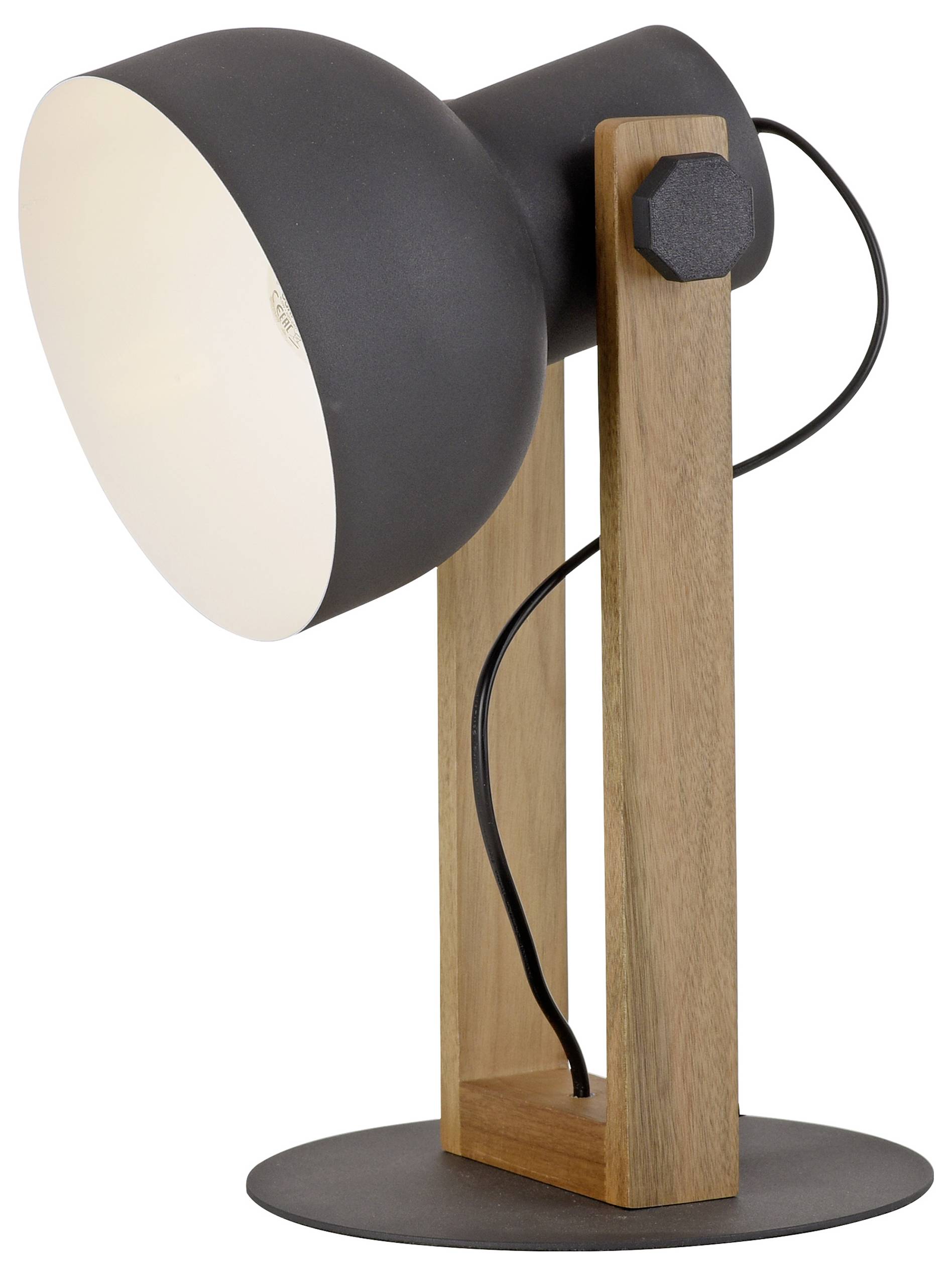 Eine schwarz-graue Tischlampe mit einem runden Lampenschirm, montiert auf einem hölzernen Ständer mit kabelgebundener Stromversorgung.