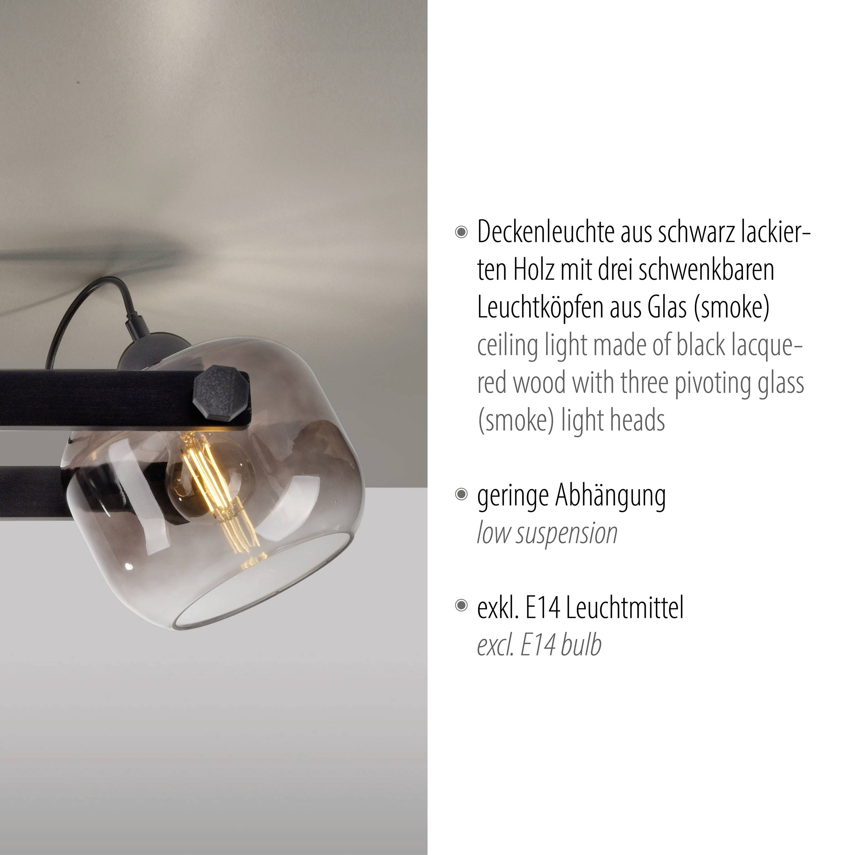 Deckenleuchte aus schwarz lackiertem Holz mit drei schwenkbaren Glaslampenschirmen in Rauchoptik. Enthält kein Leuchtmittel.