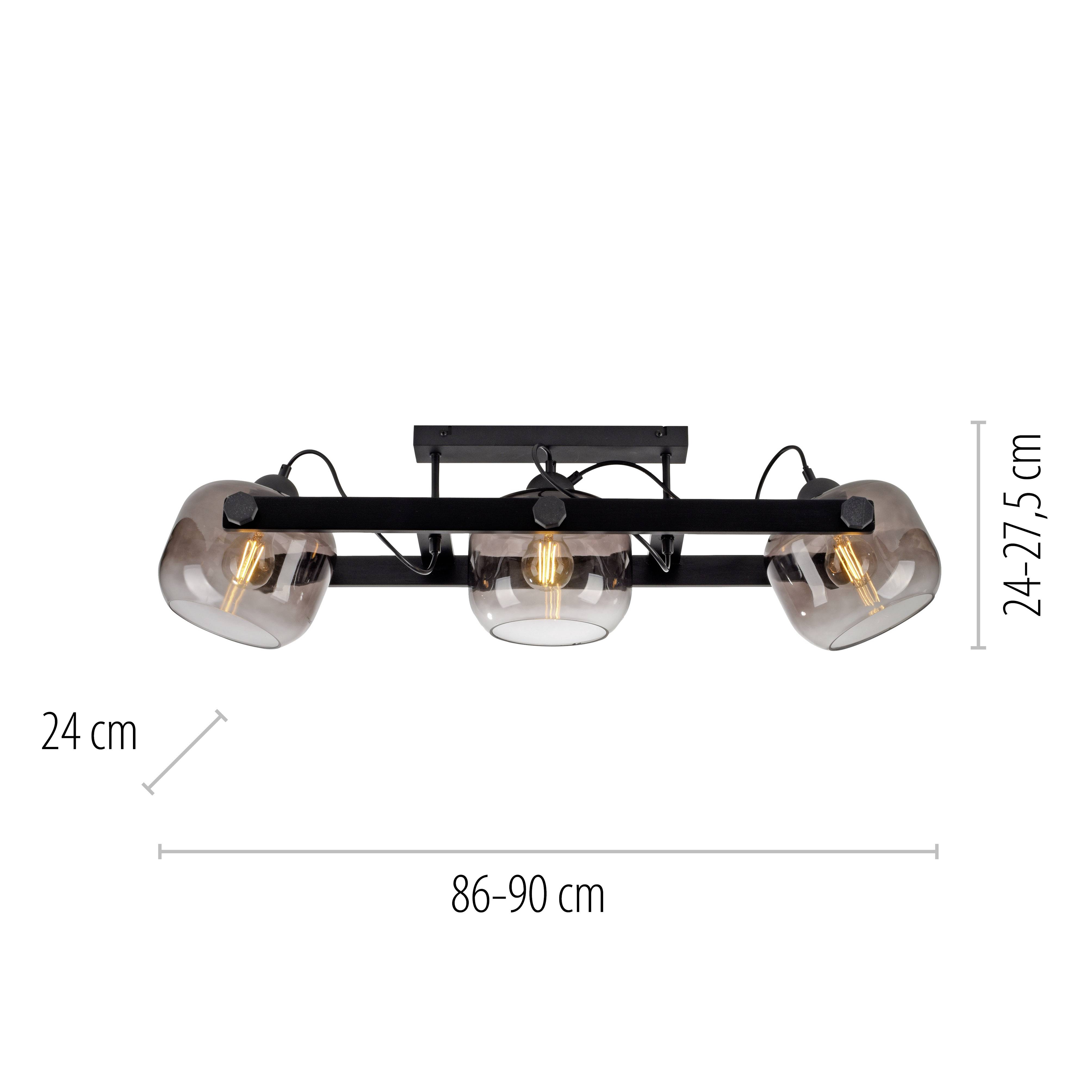 Schwarze Deckenleuchte mit drei rauchfarbenen Glasschirmen. Maße: Breite 86–90 cm, Höhe 24–27,5 cm, Tiefe 24 cm. Energiesparlampen.