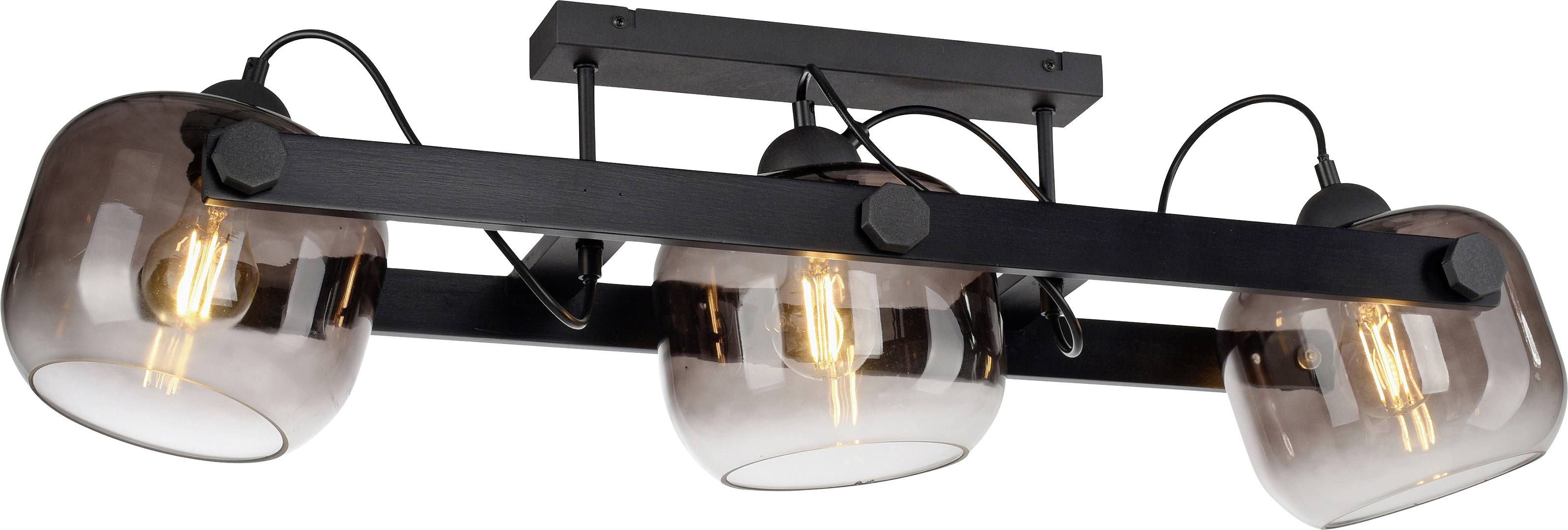 Moderne schwarze Deckenlampe mit drei kugelförmigen Glasleuchten, die warme Glühbirnen enthalten. Eignet sich für stilvolle Wohnbereiche.