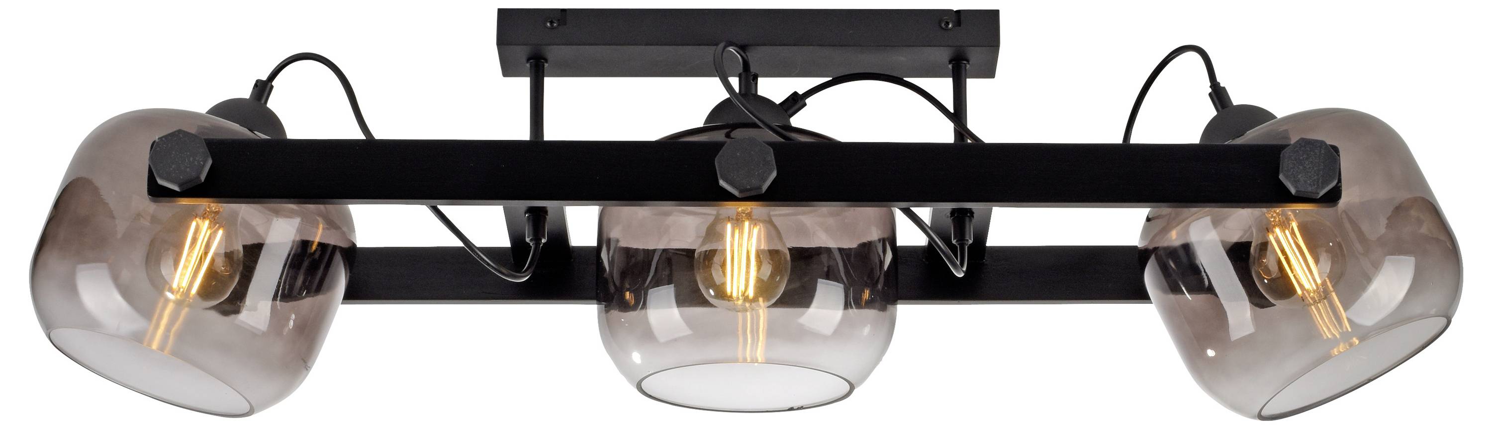 Drei schwarze Deckenleuchten mit transparenten Glaskappen und sichtbaren Glühbirnen, modern und stilvoll gestaltet.