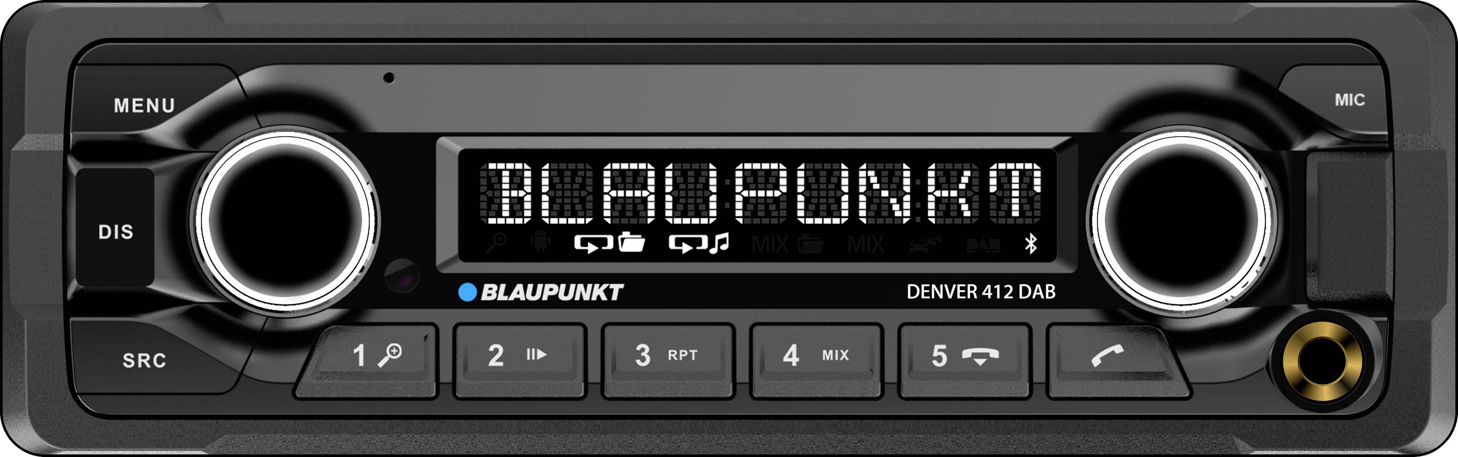 Autoradio-Display mit dem Text 'BLAUPUNKT'. Tasten für Menüs, Senderwechsel, Menüoptionen und Lautstärkeregler sichtbar.