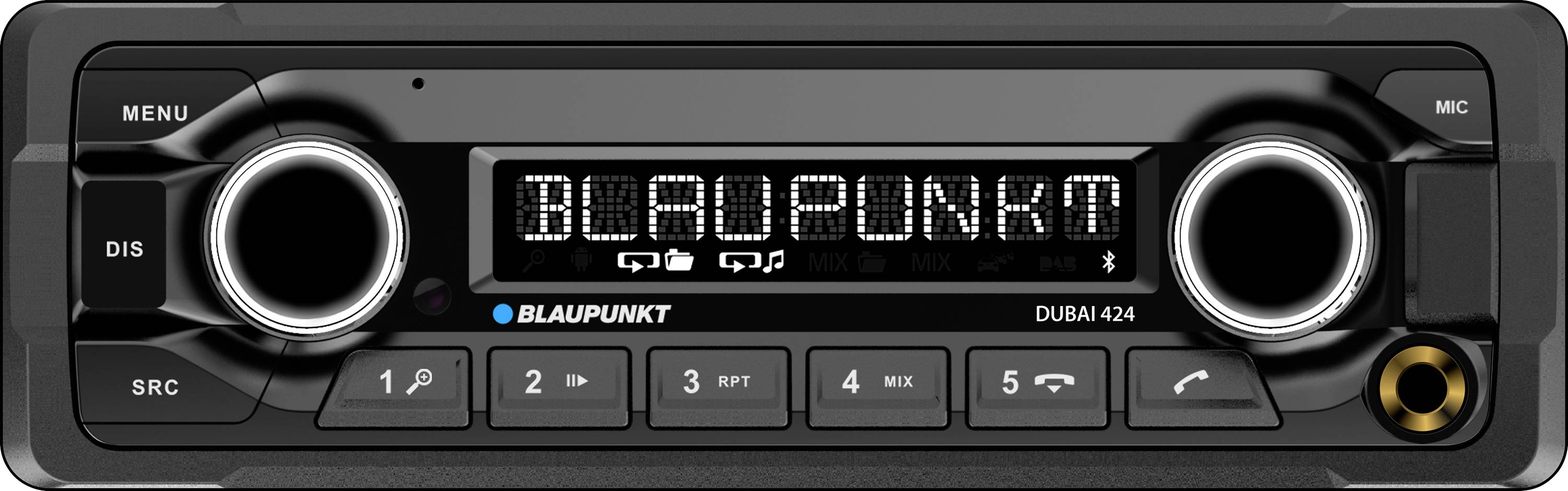 Autoradio-Display mit der Marke 'Blaupunkt' und Modell 'Dubai 424', zeigt leuchtende Buchstaben. Hauptbedienelemente und Drehknöpfe sichtbar.