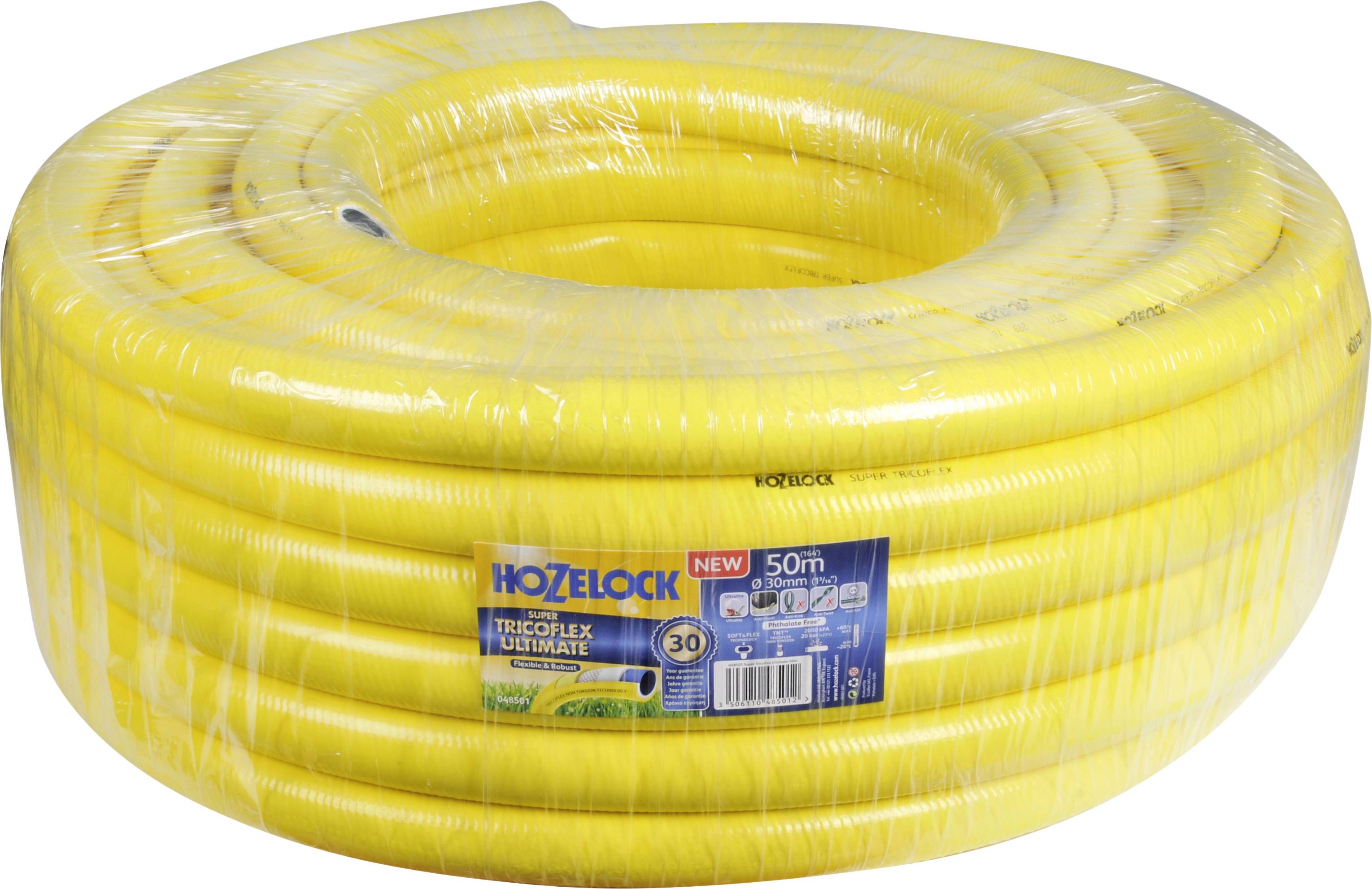 Gelber Hozelock Gartenschlauch, 50 m lang, verpackt in Kunststofffolie mit Etikett, das Produktdetails anzeigt.