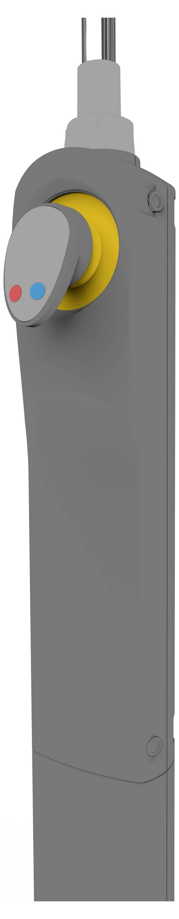 Grauer Hebel mit gelbem Ring und roten/blauen Markierungen, wahrscheinlich ein Bedienelement mit Kabeln an einem Ende.