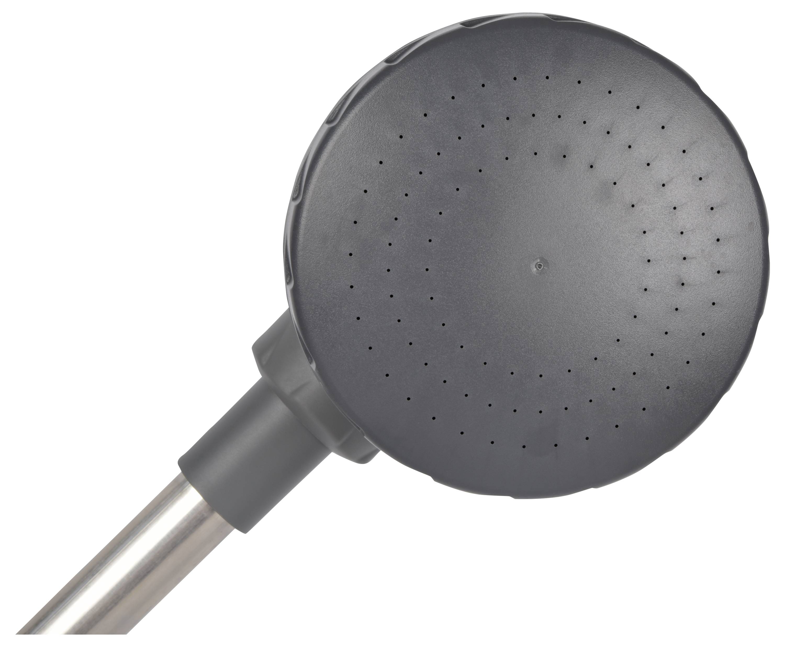 Schwarze, runde Duschbrause mit silbernem Griff, Ansicht von unten.