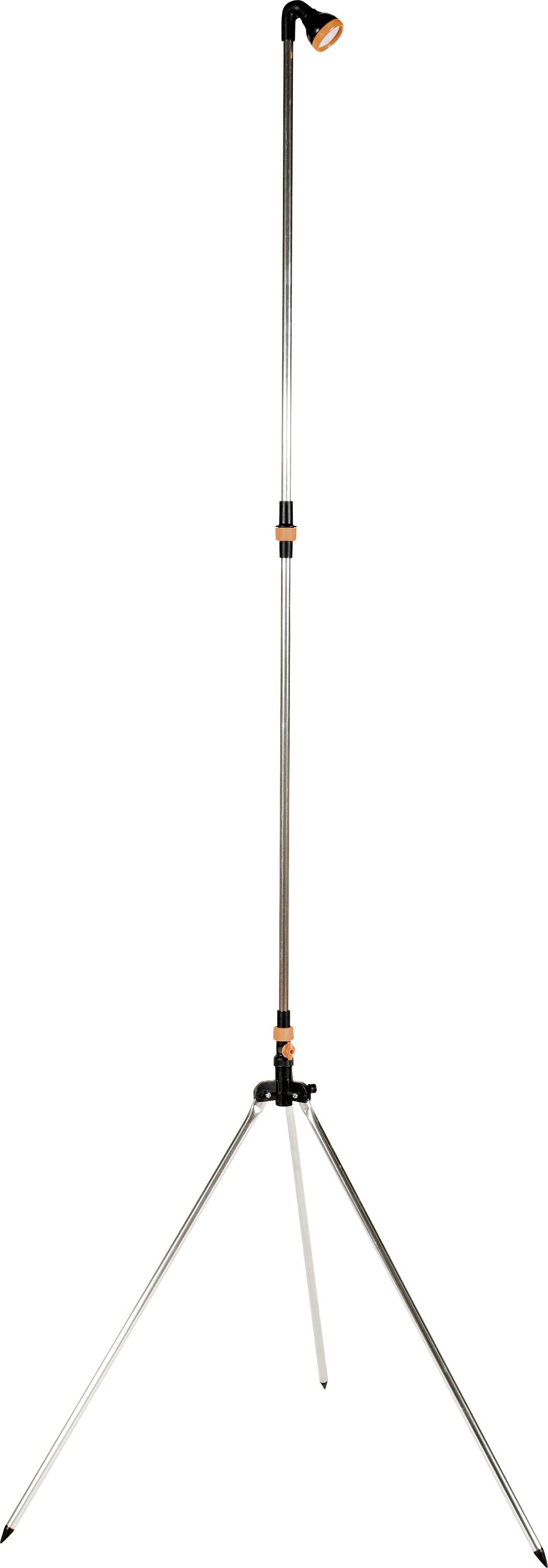 Ein silbernes, höhenverstellbares Stativ mit drei Beinen, oben eine Lampe montiert. Ideal zur Beleuchtung von Arbeitsplätzen.